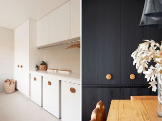 Oversized Wood Knobs On Cabinets by Inbetween Architecture in Kew, Australia