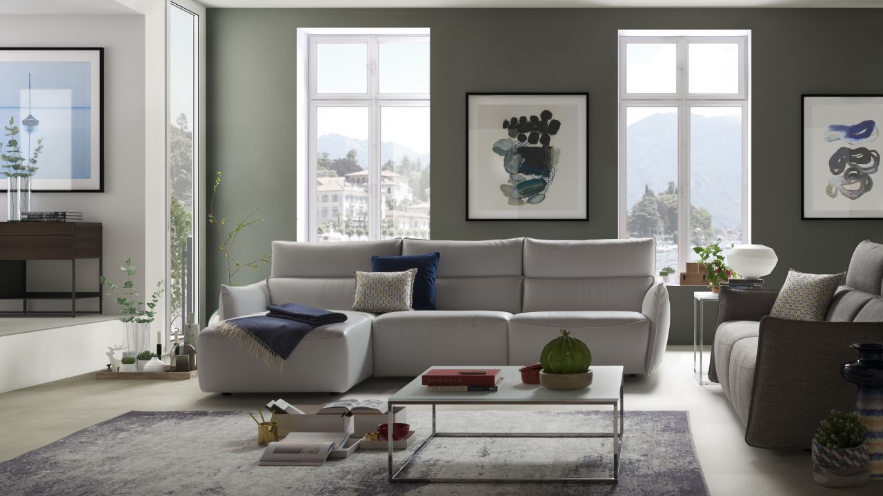 Stupore Fabric/Leather L-Shape Sectional Sofa w/ Chaise & Recliner