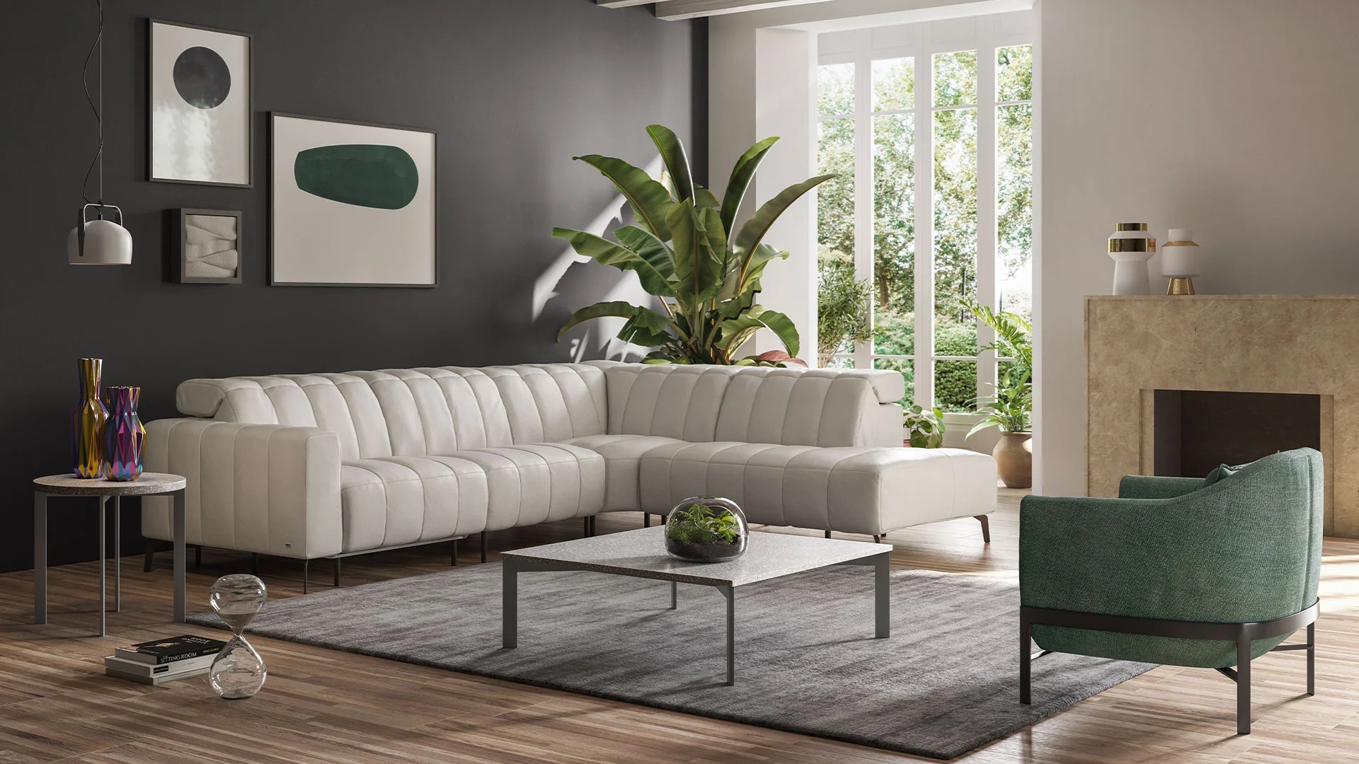 Portento Fabric/Leather L-Shaped Sectional Sofa, Comp 1