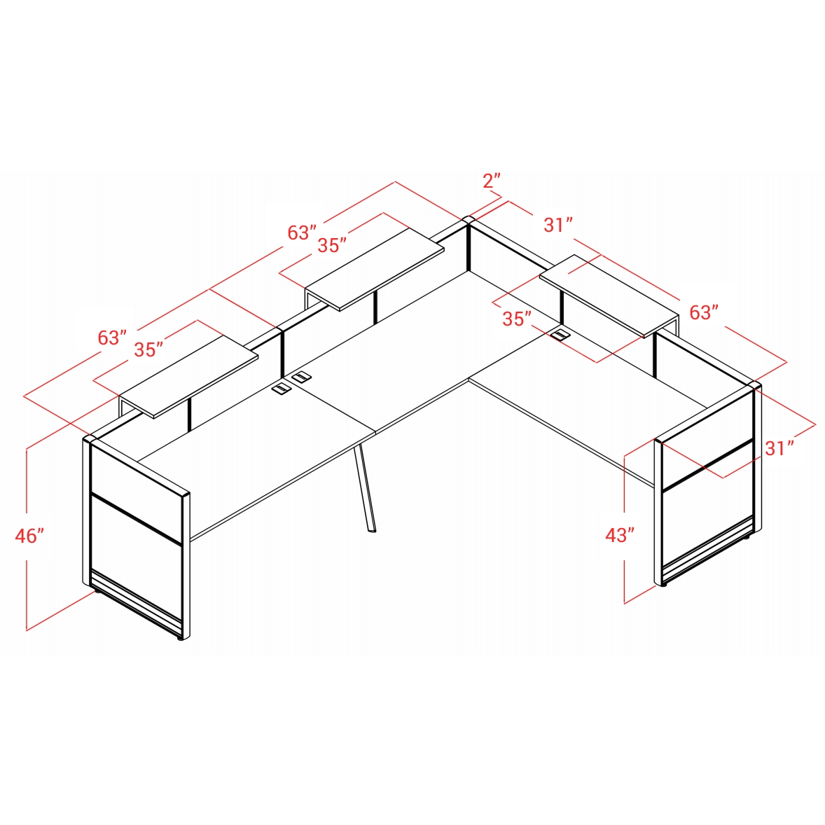 Flex 130"x98" L-Shape Reception Desk Dimension by Kansole