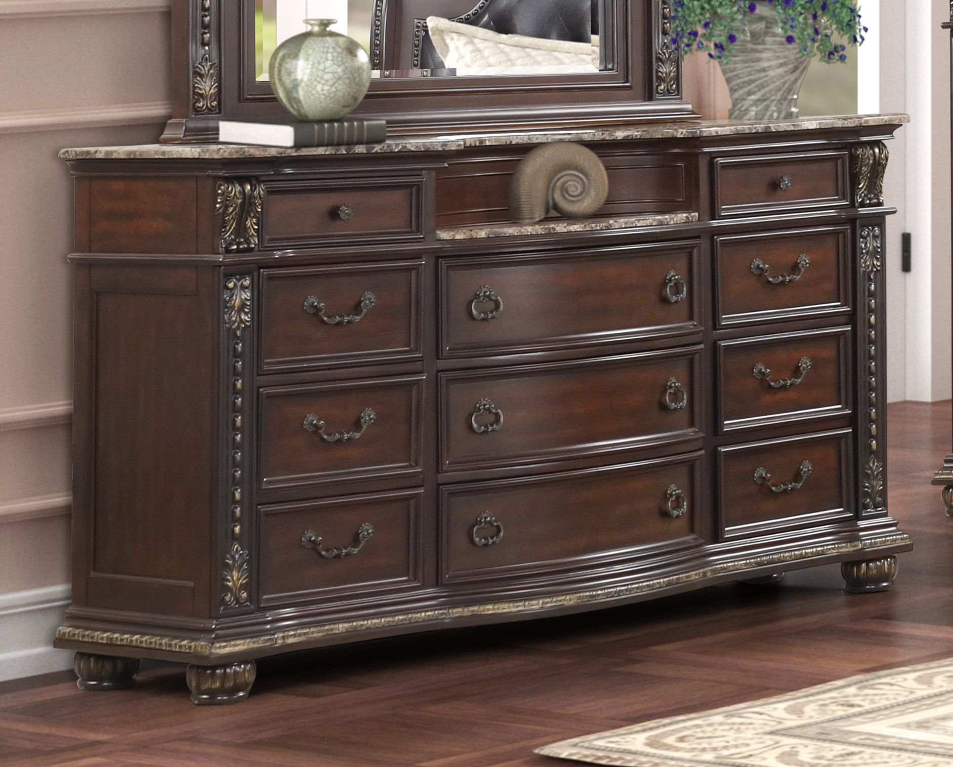 0401 Upholstery/Wood Sleigh Cherry Dresser