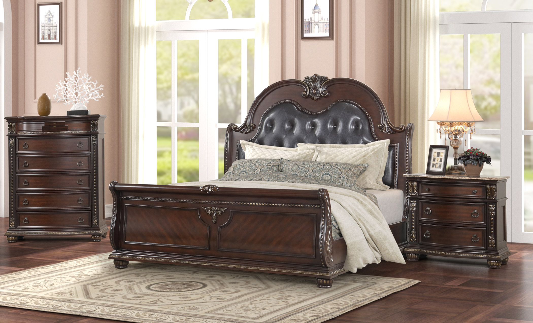 SM 0401c Upholstery/Wood Sleigh Bed, King Size