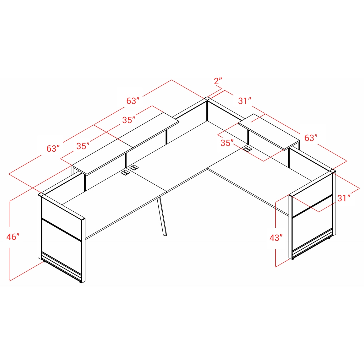 Kansole Furniture Flex 130"x98" L-Shape Reception Desk Dimension