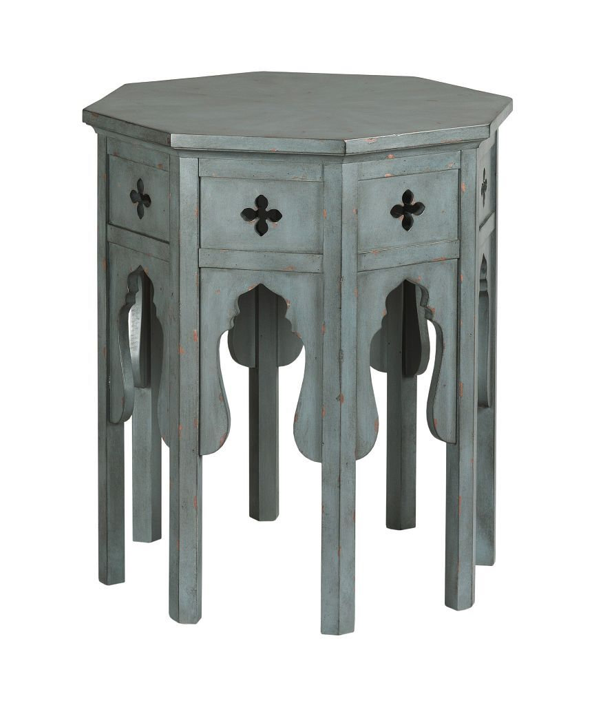 Transitional Hex End Table with Distressed Blue Finish