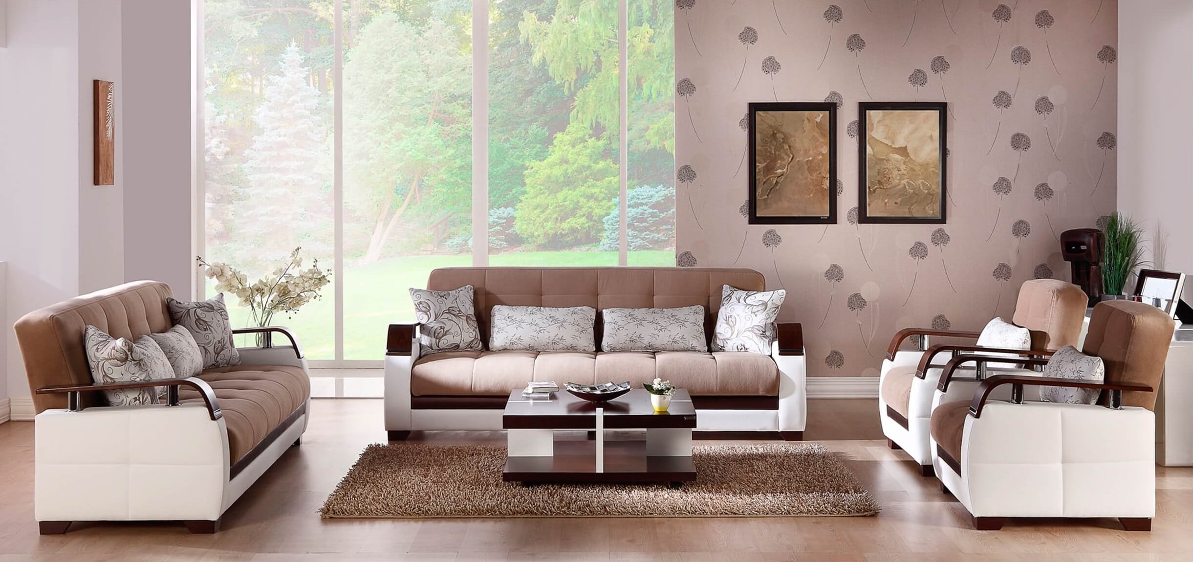 Natural Fabric/PU Storage Sleeper Living Room Set w/Wooden Armrests