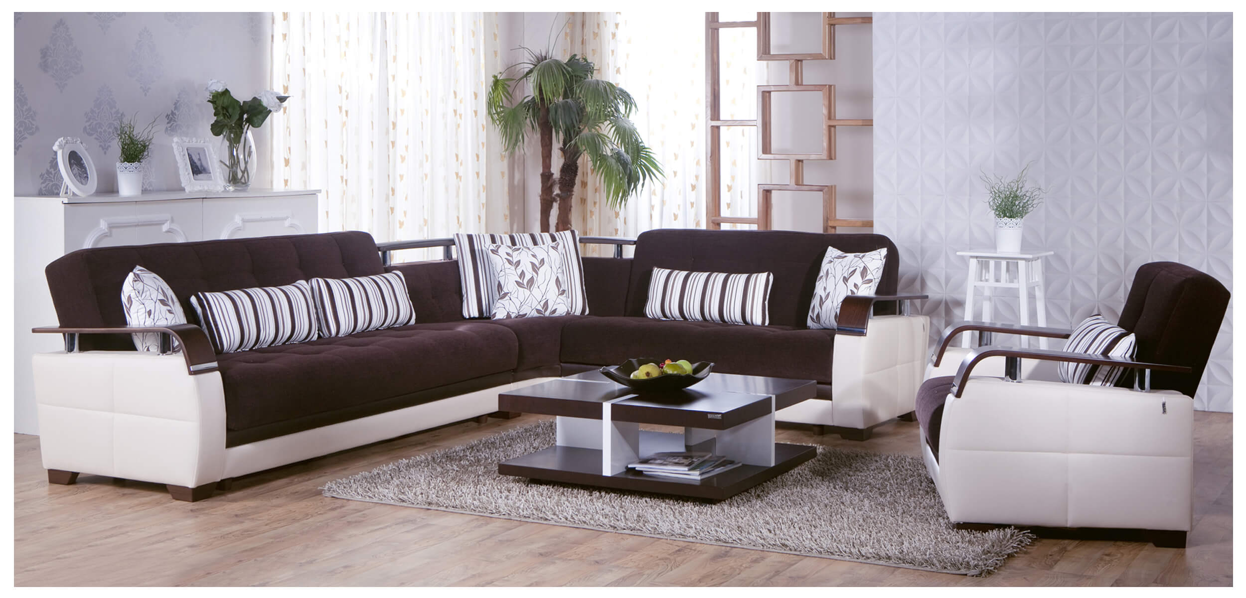 Natural Fabric/Polyurethane L-Shaped Sectional Sleeper Sofa w/Wooden Armrests & Storage