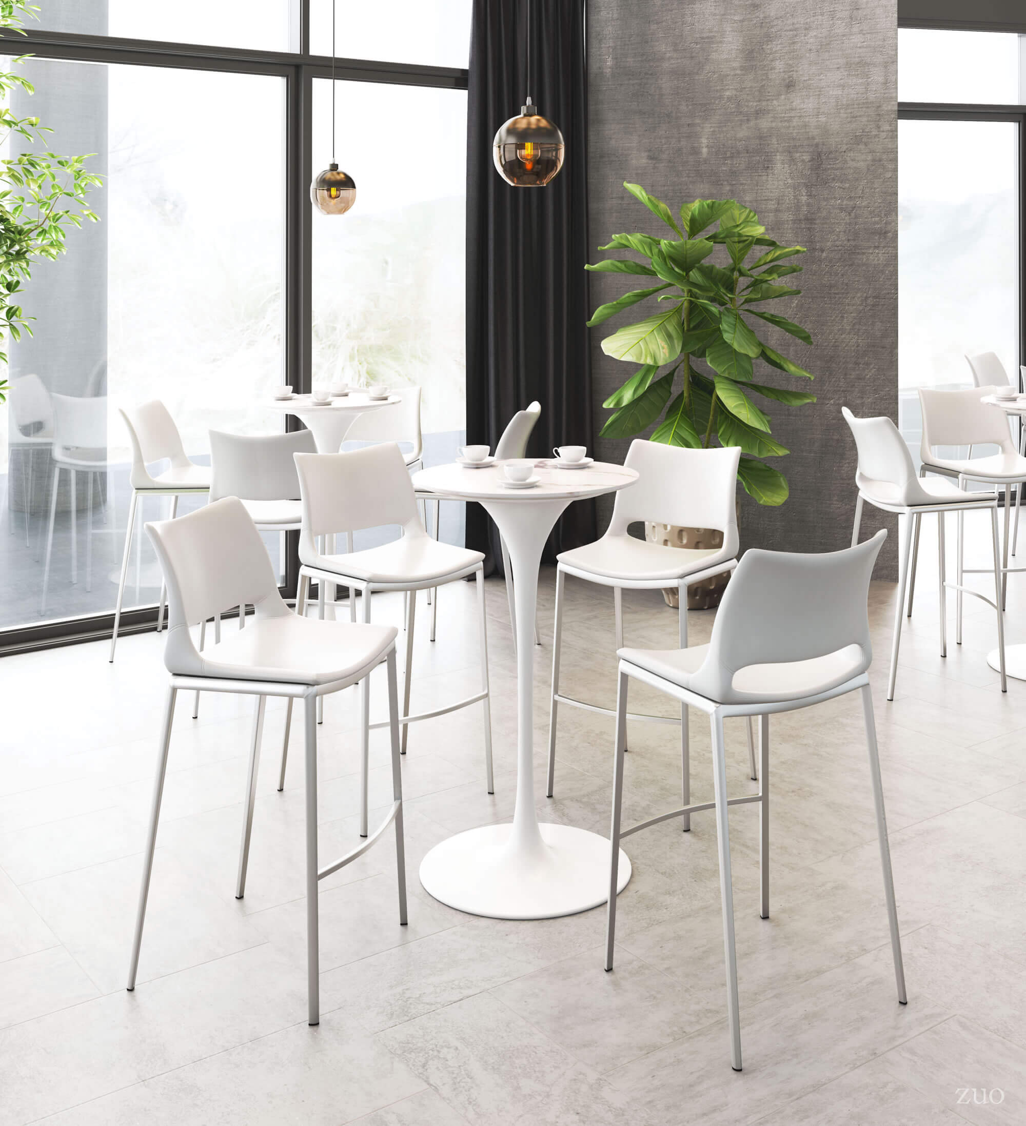 Ace Bar Chair, White & Brushed Stainless Steel by Zuo Modern