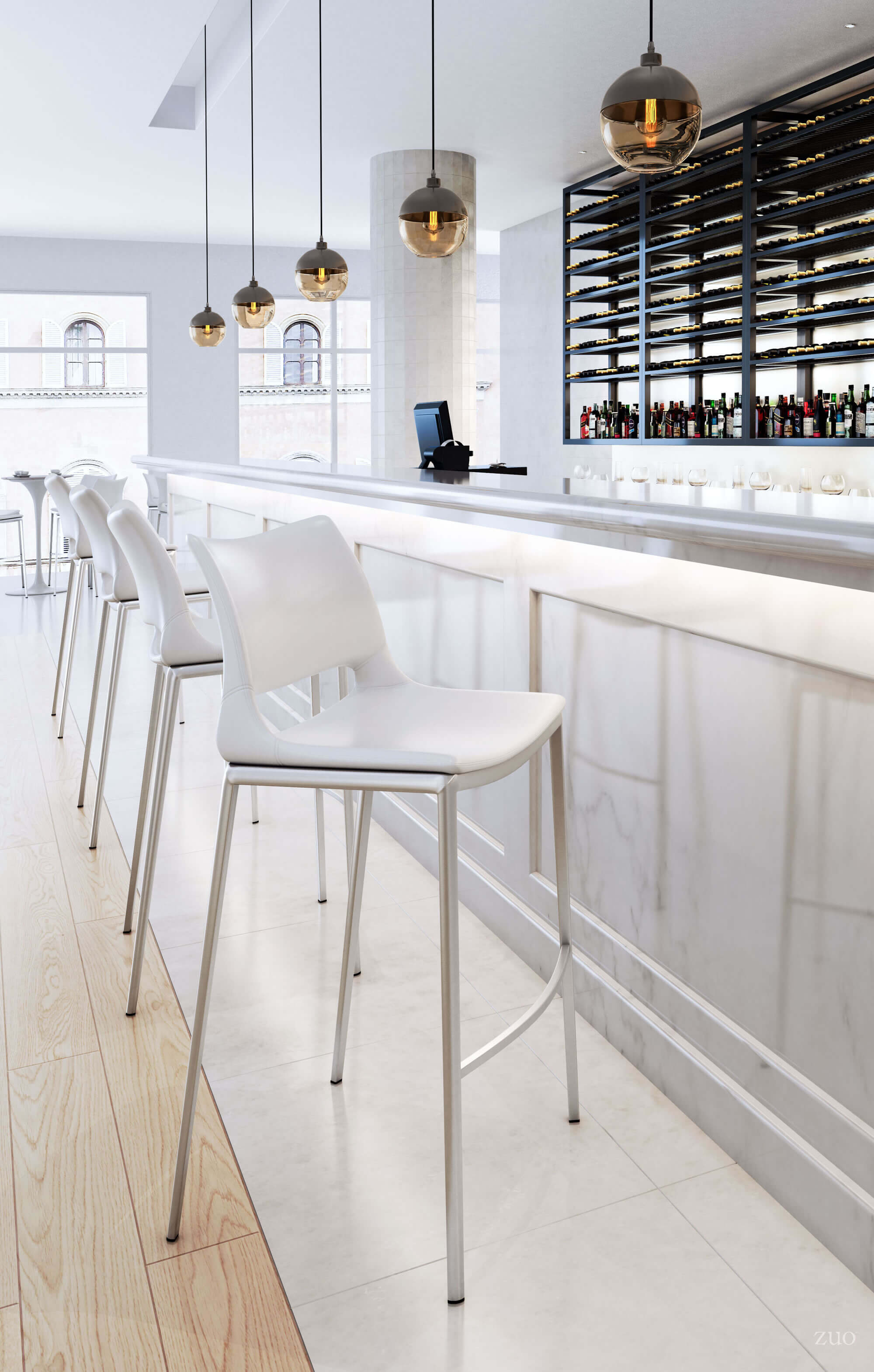 Ace Bar Chair, White & Brushed Stainless Steel by Zuo Modern