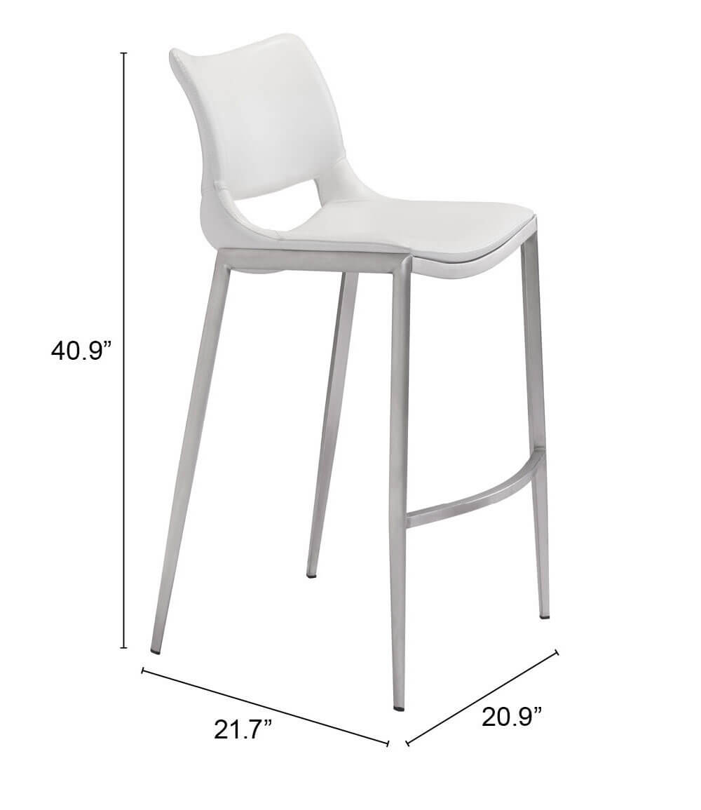 Ace Bar Chair, White & Brushed Stainless Steel by Zuo Modern