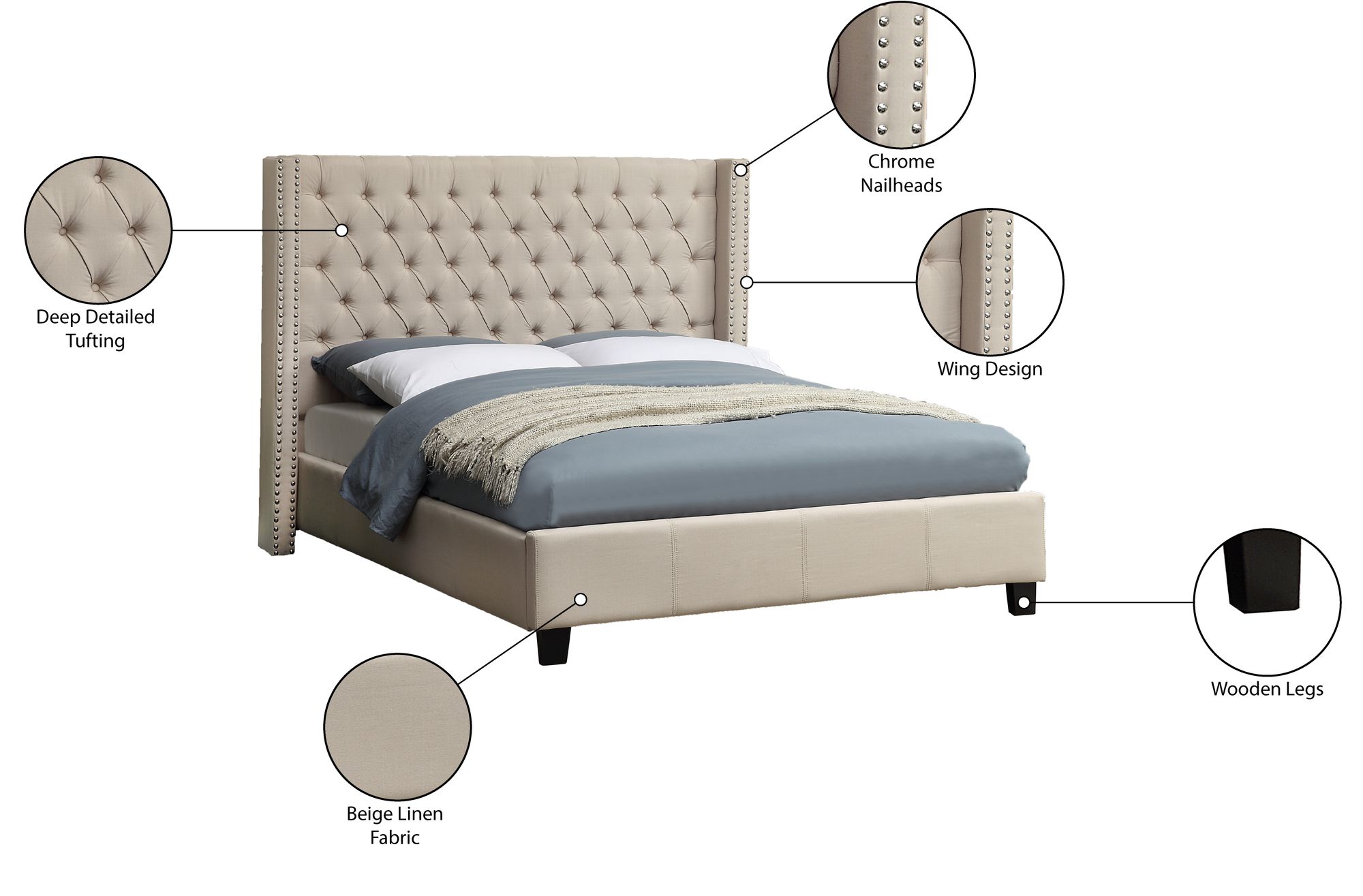 Ashton Linen Fabric King Size Bed