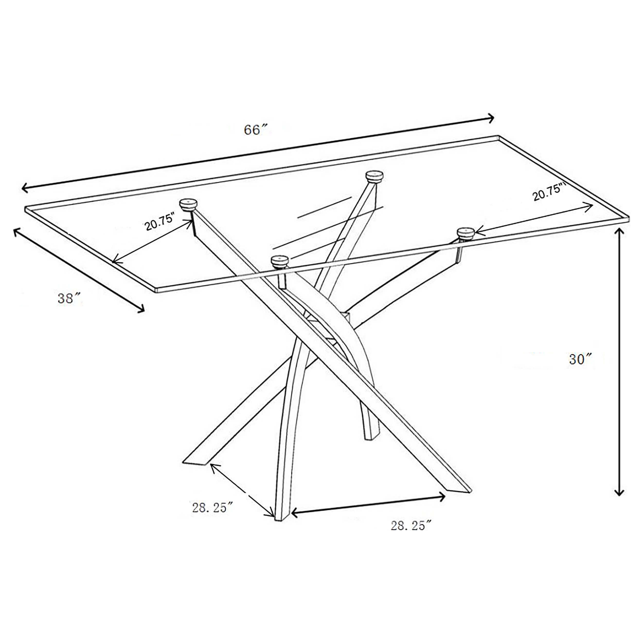 Carmelo 66" Rectangular Glass Top Dining Table with X-Shaped Chrome Base