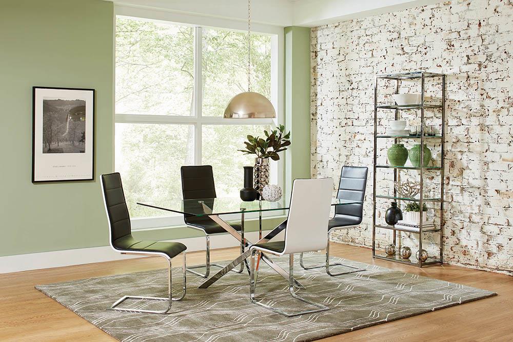 Carmelo 66" Rectangular Glass Top Dining Table with X-Shaped Chrome Base