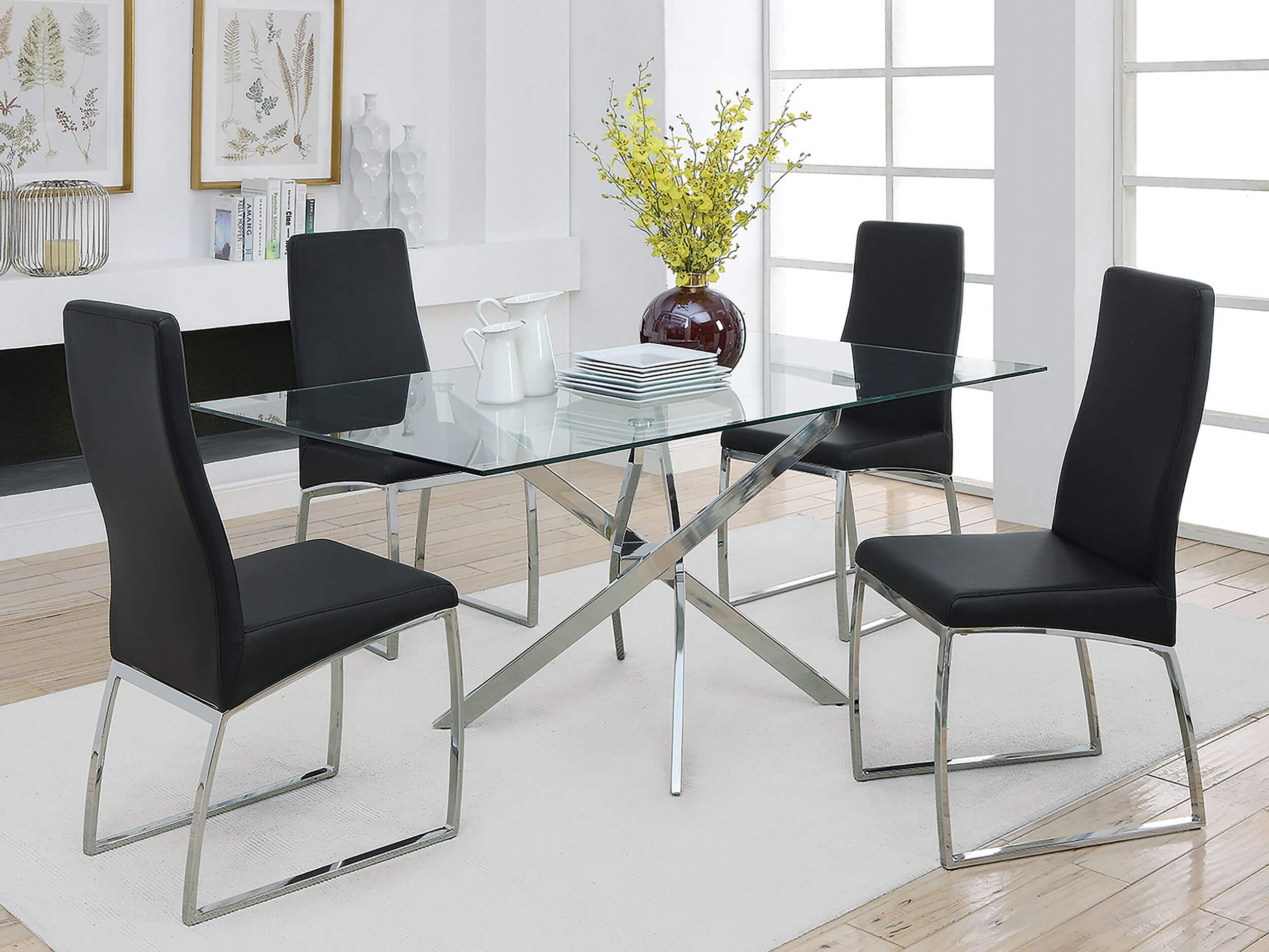 Carmelo 66" Rectangular Glass Top Dining Table with X-Shaped Chrome Base