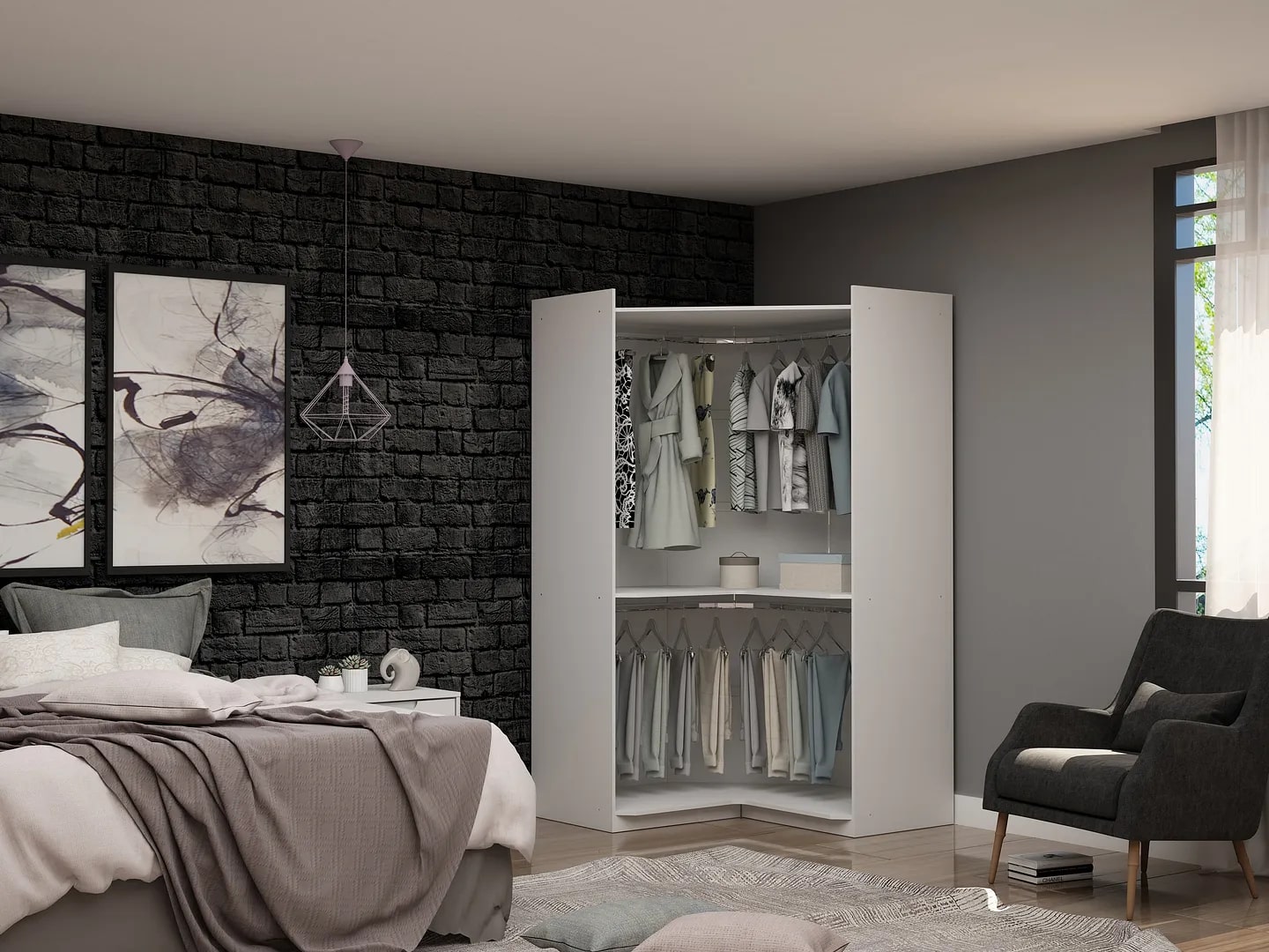 Mulberry Open Corner Closet w/2 Hanging Rods 