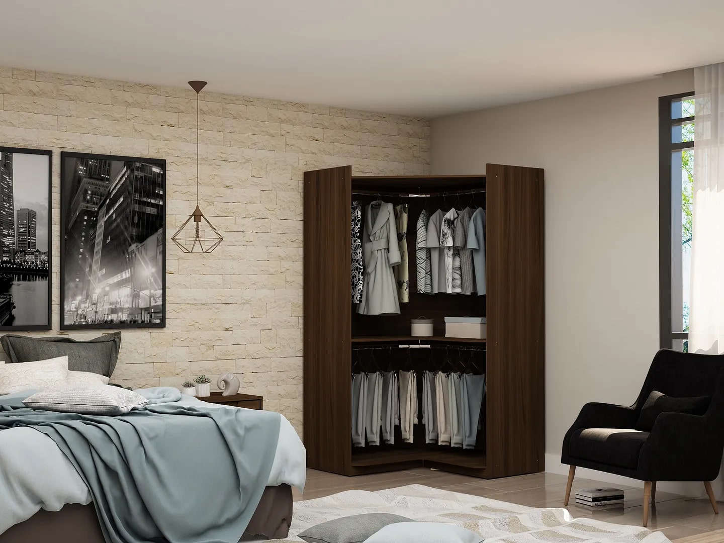 Mulberry Open Corner Closet w/2 Hanging Rods 