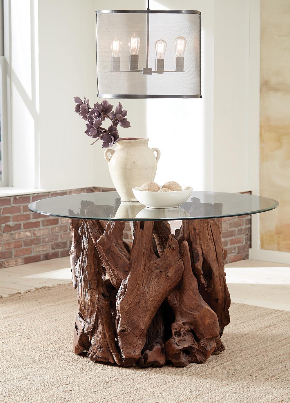 Asbury 60" Round Tempered Glass Top Dining Table with Teak Tree Base