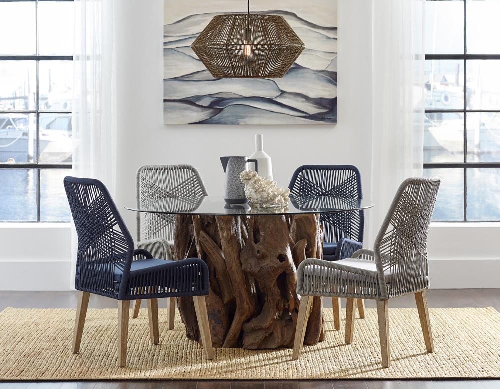 Asbury 60" Round Tempered Glass Top Dining Table with Teak Tree Base
