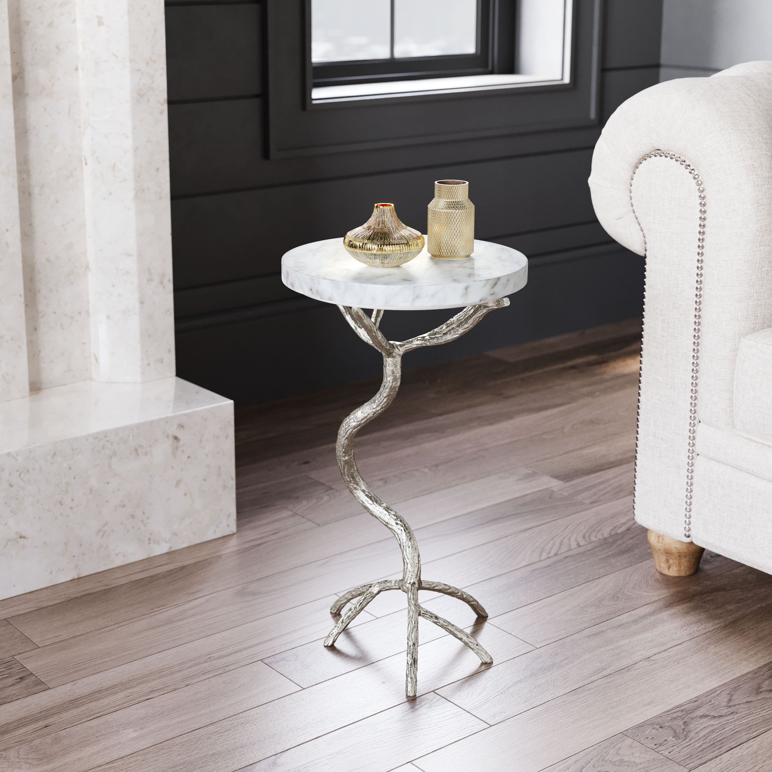 Joel Round Marble/Aluminum Side Table Silver