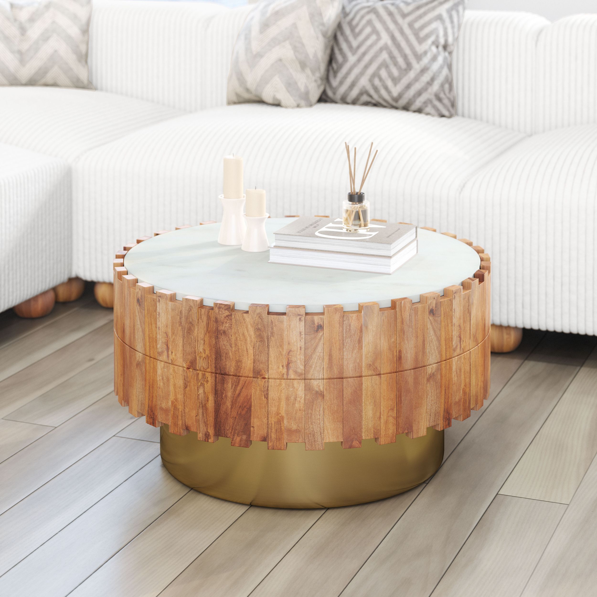 Bombay Round Marble/Wood/Iron Coffee Table