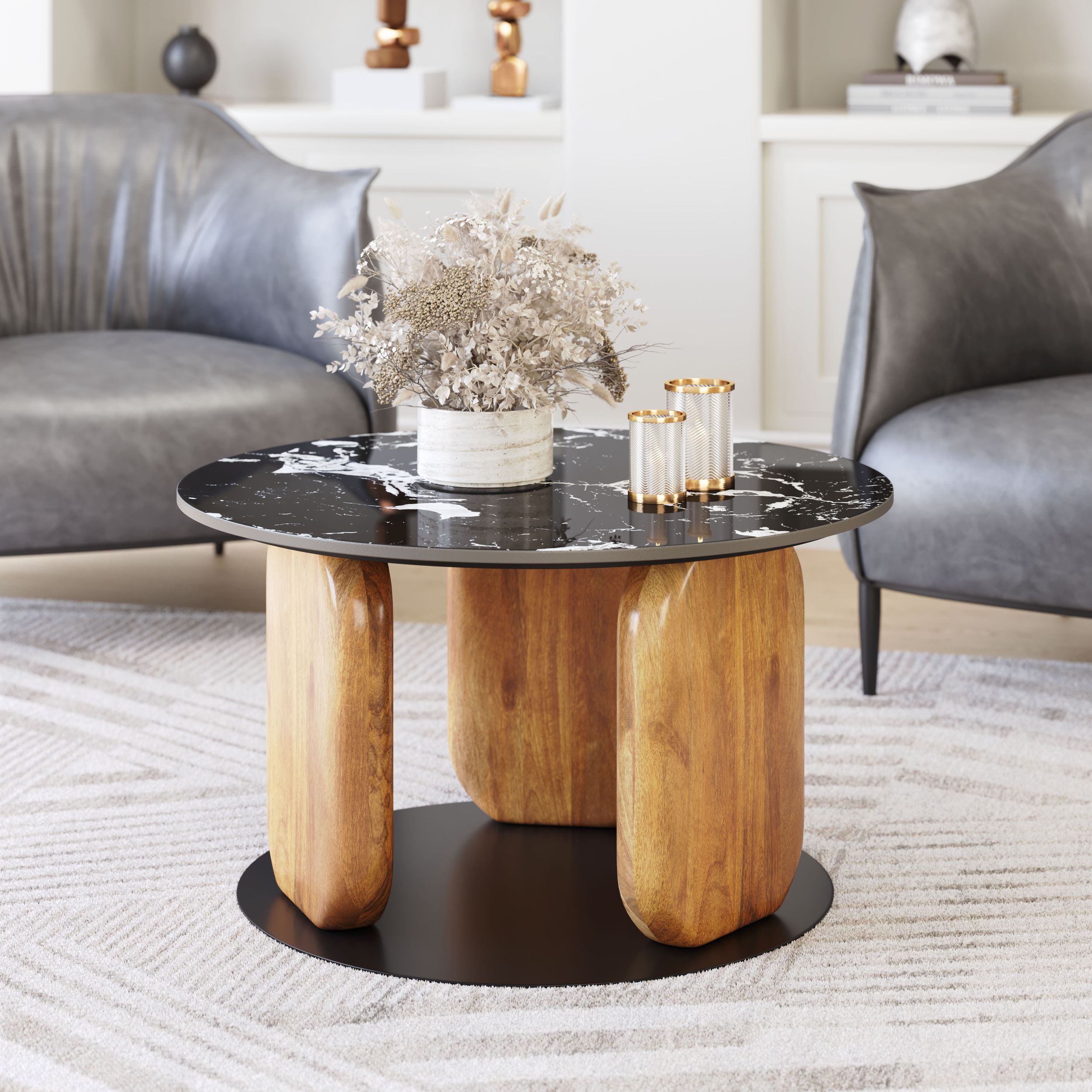 Pemba Round Marble/Wood/Iron Coffee Table