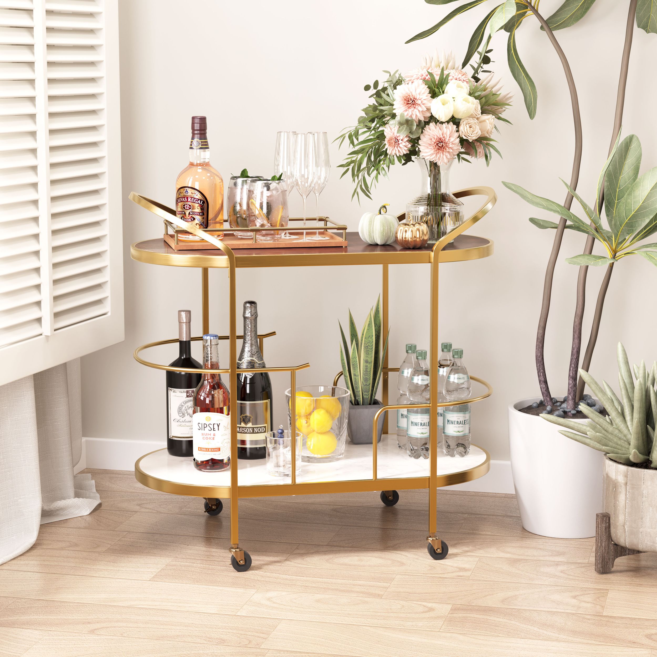 Antalya Wood/Marble/Iron Bar Cart