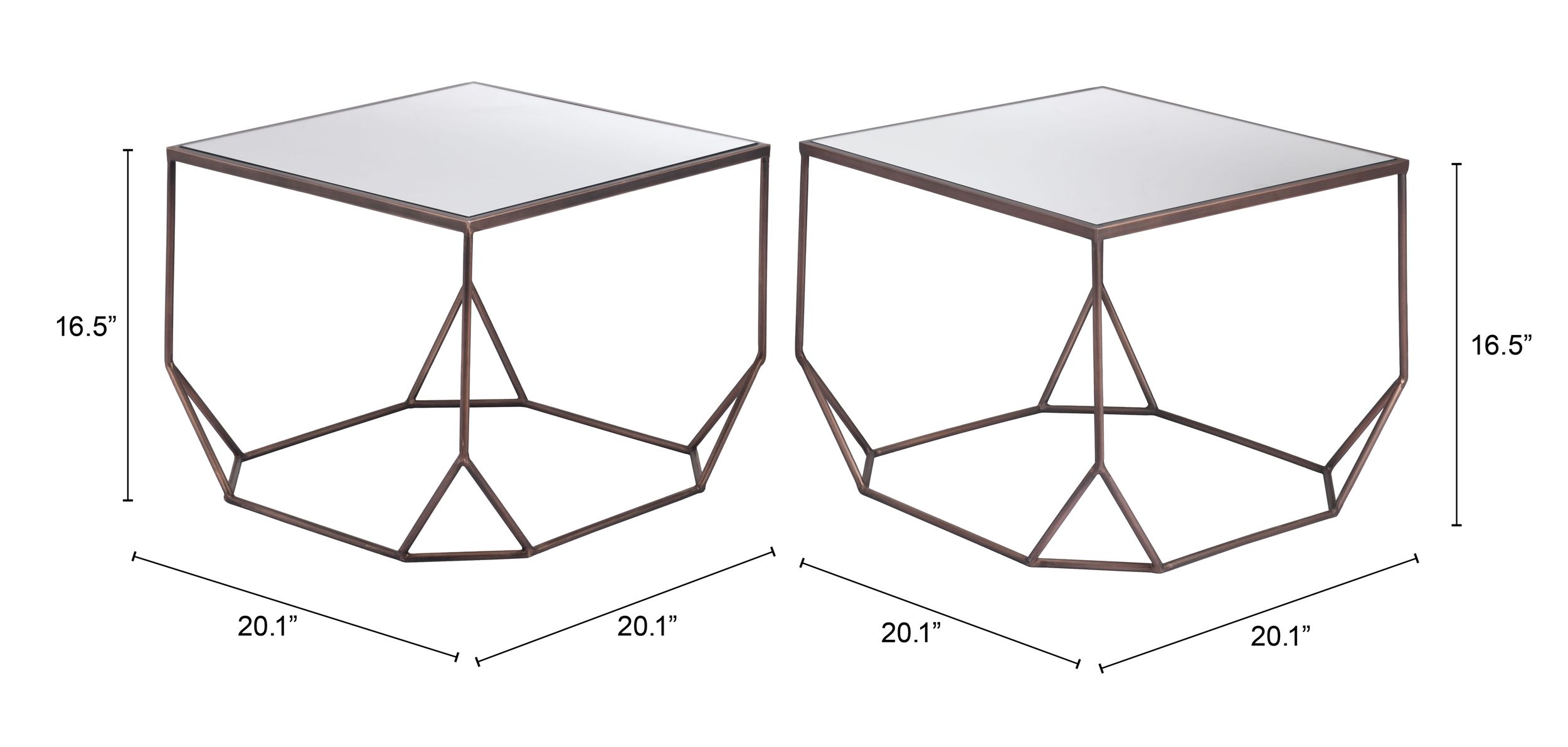 Arzon Square Mirror Glass/Steel Coffee Table Set