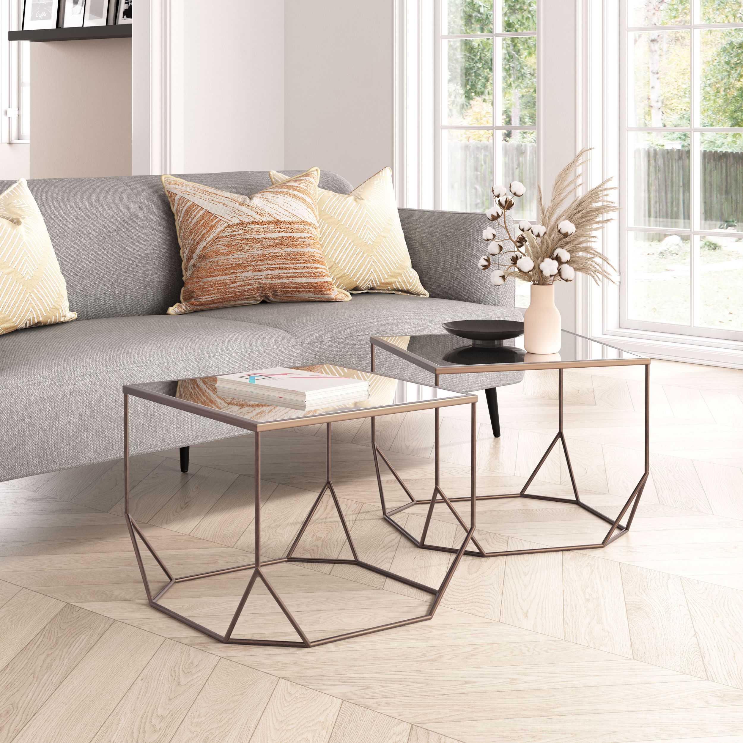 Arzon Square Mirror Glass/Steel Coffee Table Set
