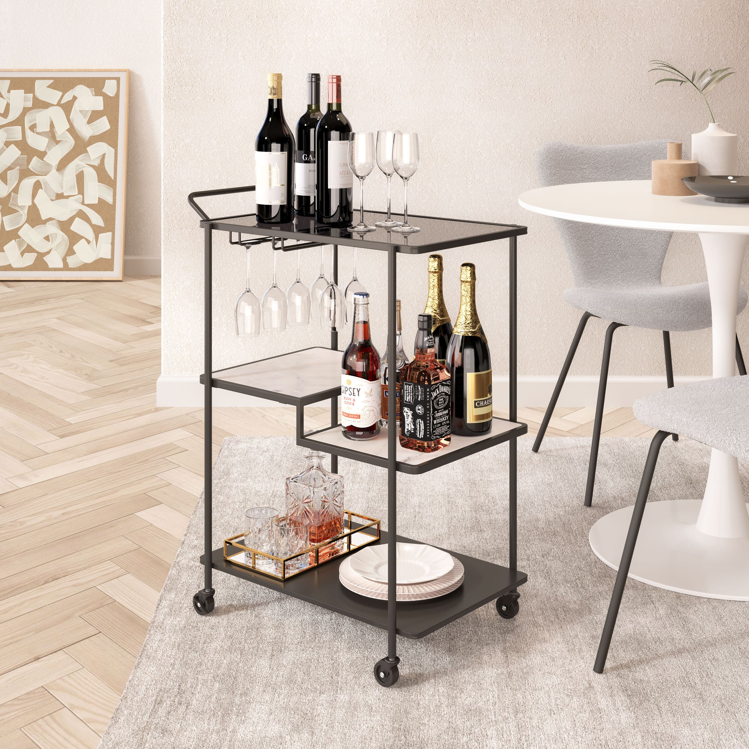Constanza Glass/Marble/Steel Bar Cart