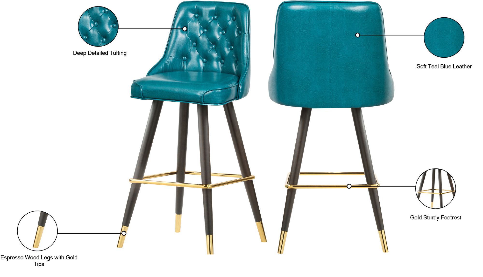 Portnoy Faux Leather Stool with Espresso Wood Legs, Gold Footrest & Gold Tips