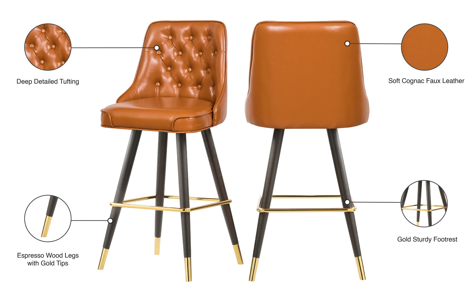 Portnoy Faux Leather Stool with Espresso Wood Legs, Gold Footrest & Gold Tips