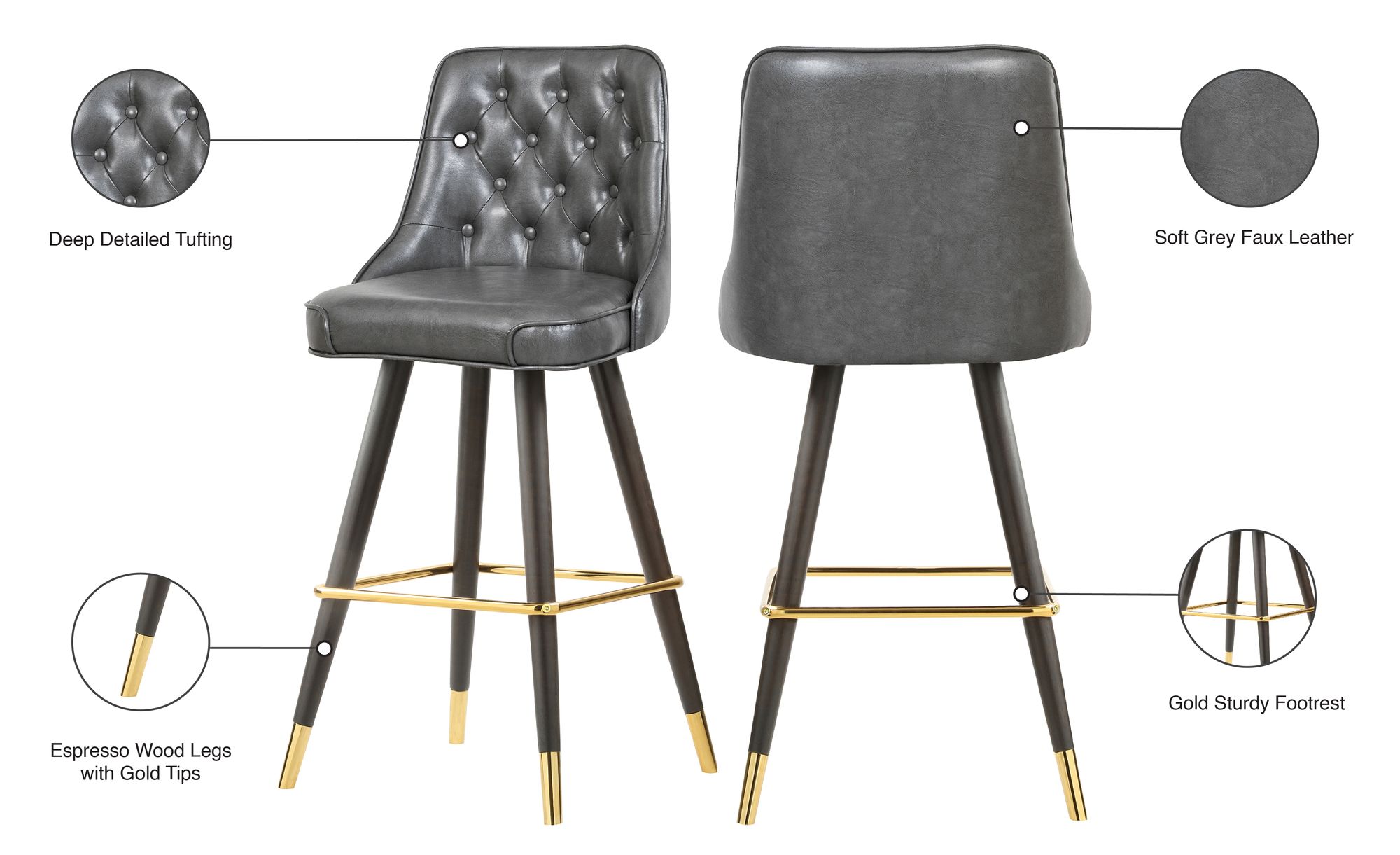Portnoy Faux Leather Stool with Espresso Wood Legs, Gold Footrest & Gold Tips
