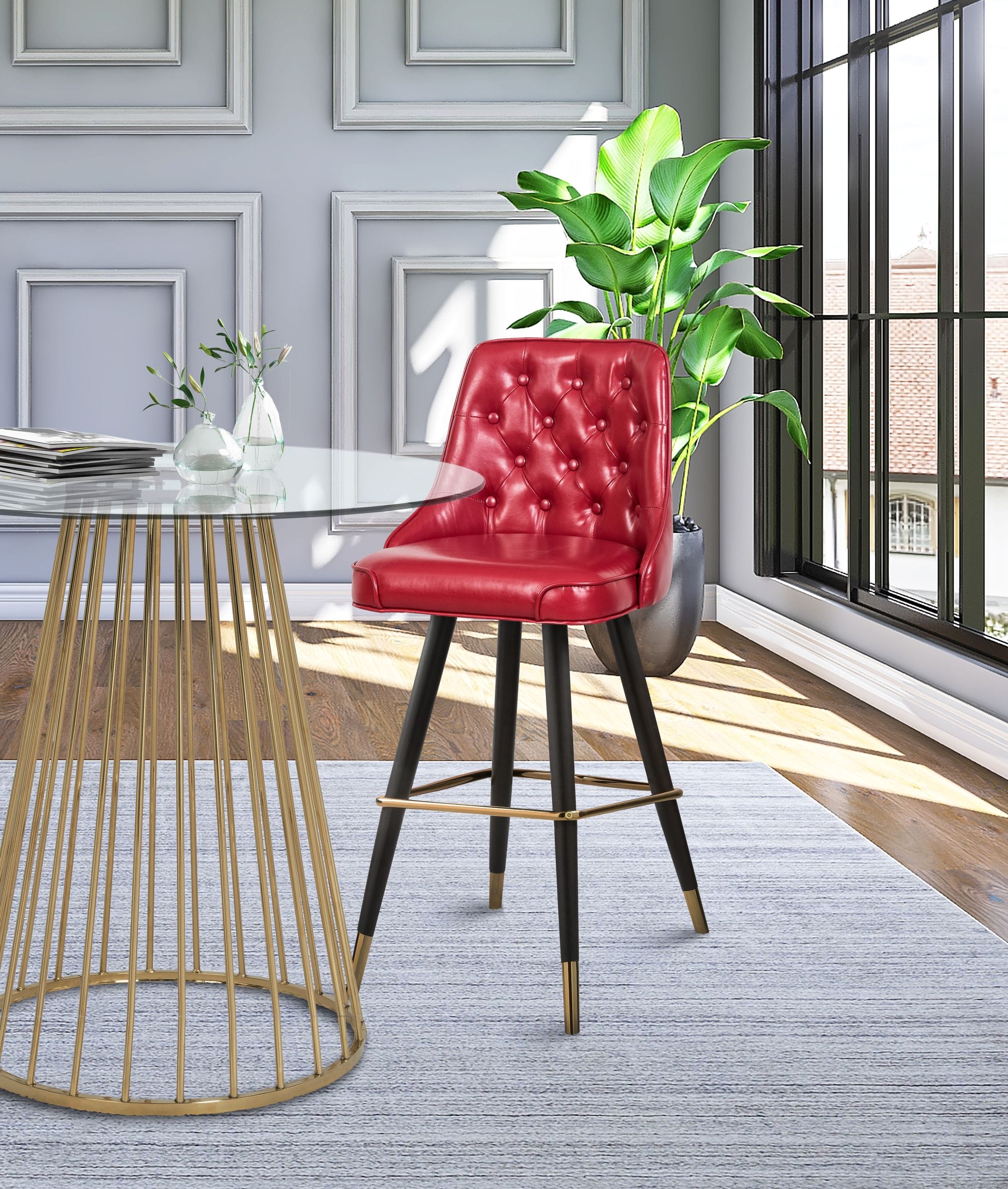 Portnoy Faux Leather Stool with Espresso Wood Legs, Gold Footrest & Gold Tips