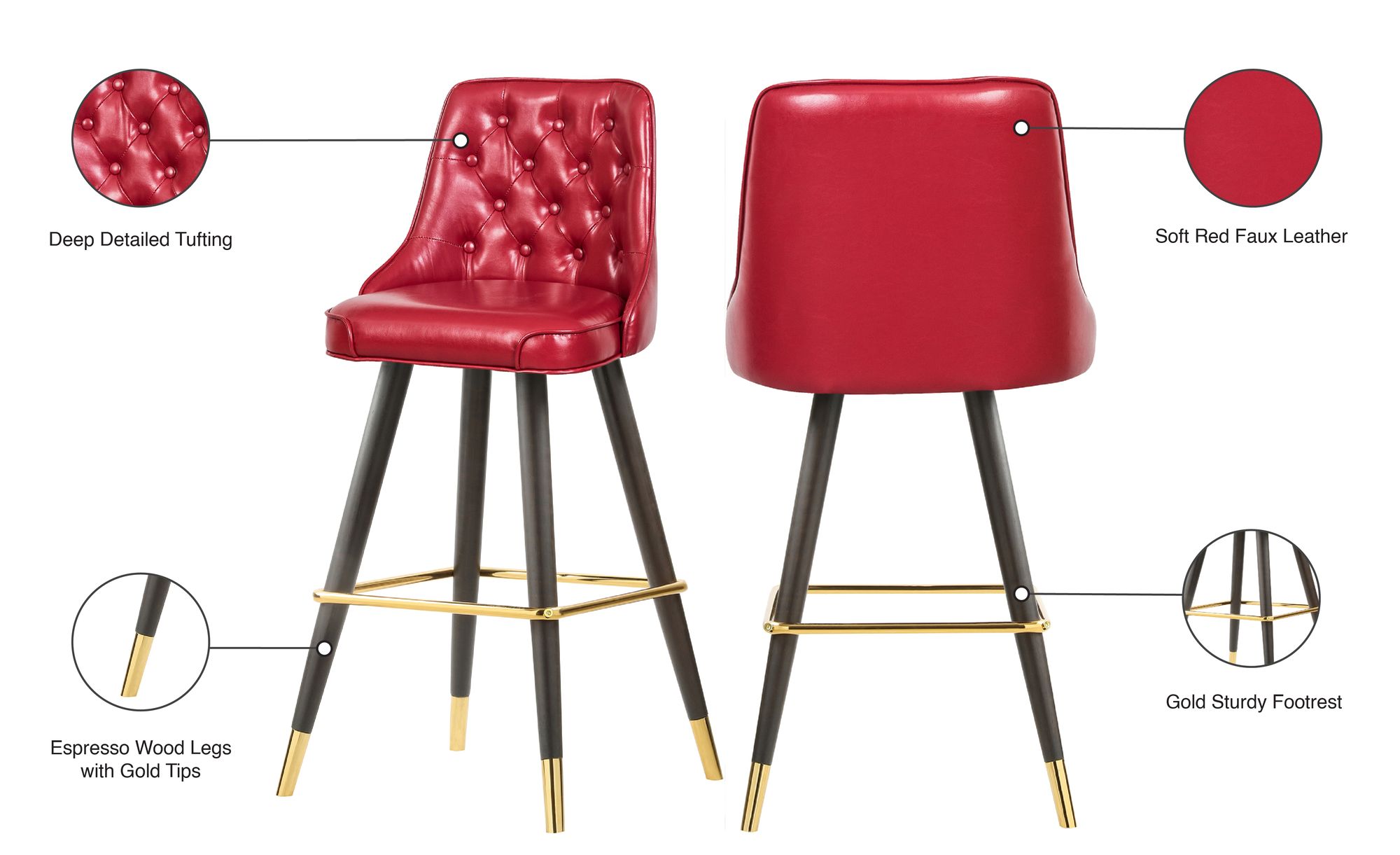 Portnoy Faux Leather Stool with Espresso Wood Legs, Gold Footrest & Gold Tips