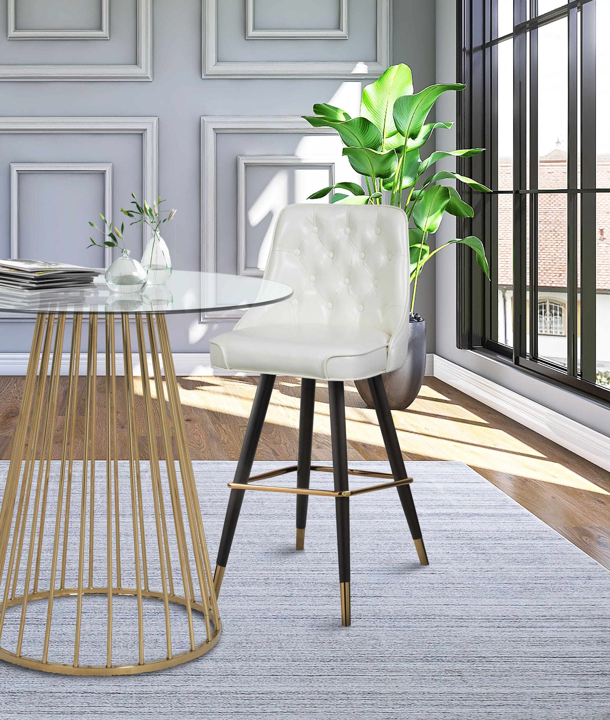 Portnoy Faux Leather Stool with Espresso Wood Legs, Gold Footrest & Gold Tips