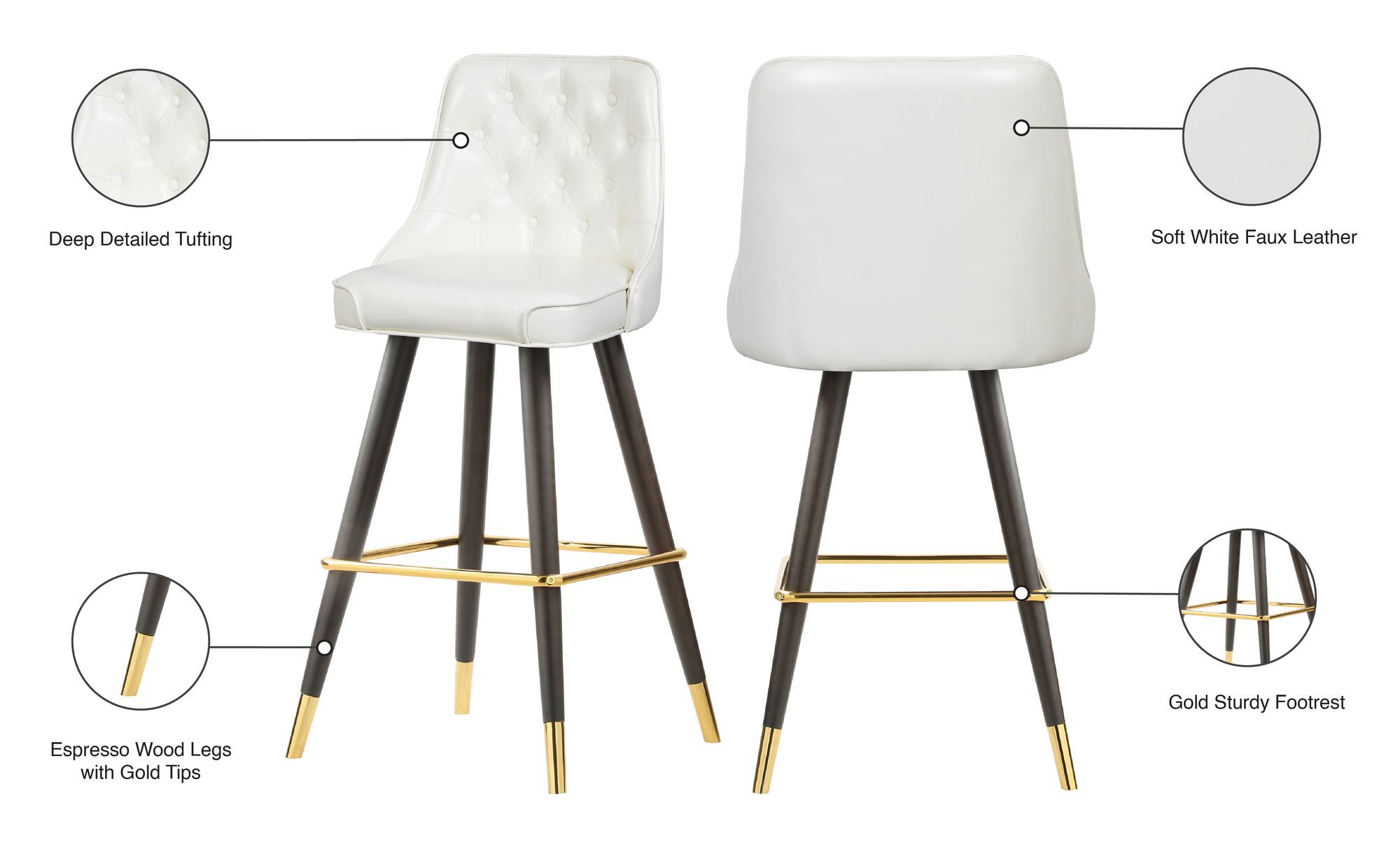 Portnoy Faux Leather Stool with Espresso Wood Legs, Gold Footrest & Gold Tips