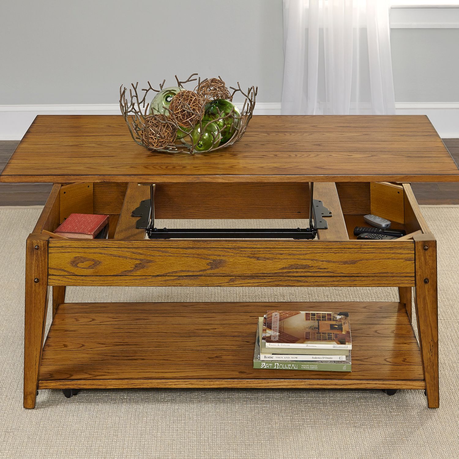 Lake House Rectangular Wood Lift Top Cocktail Table w/Casters