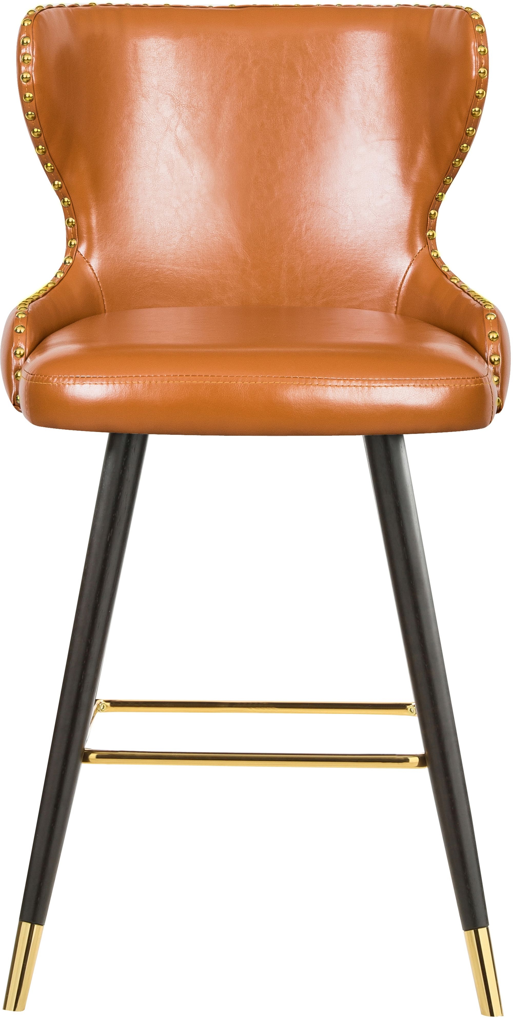 Hendrix Faux Leather Stool with Espresso Wood Legs, Gold Footrest & Gold Tips