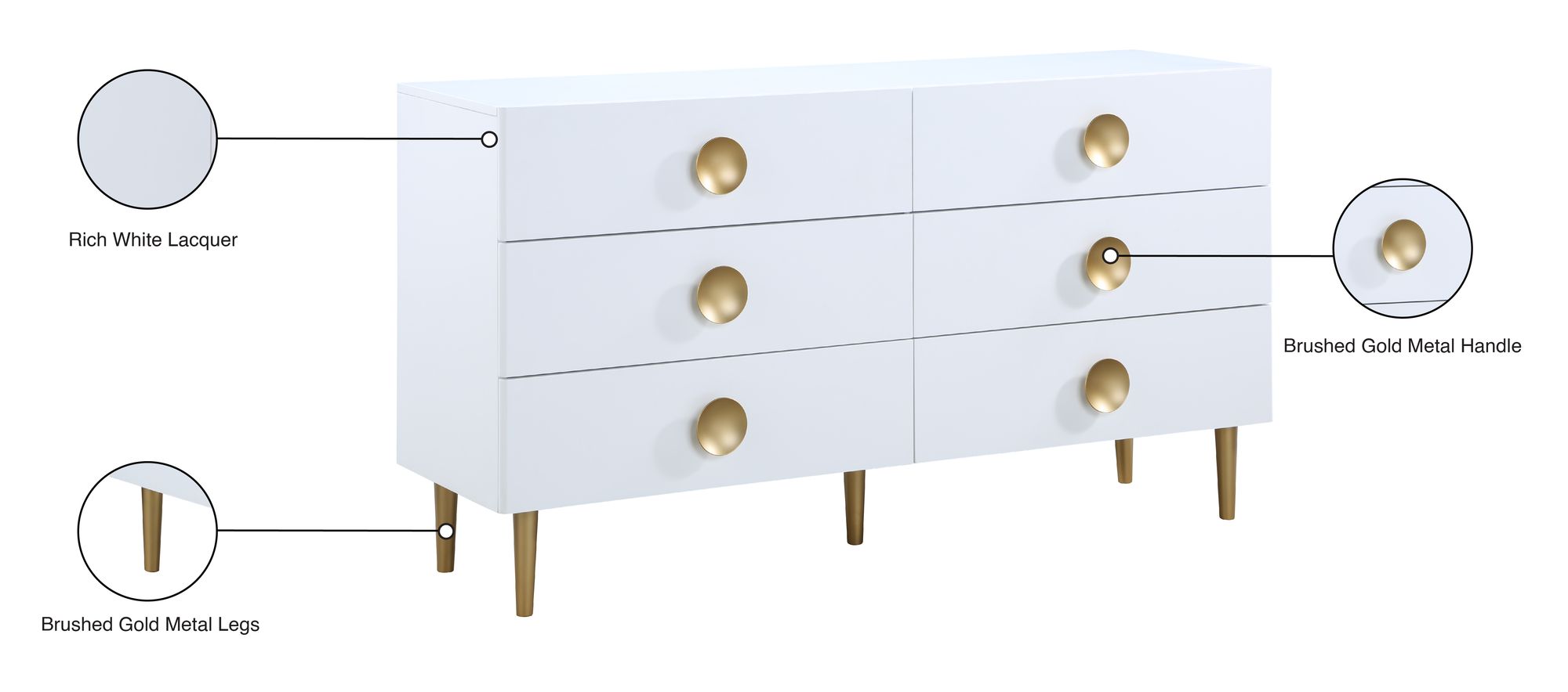 Zayne 6-Drawer Dresser with Brushed Gold Metal Legs & Handle