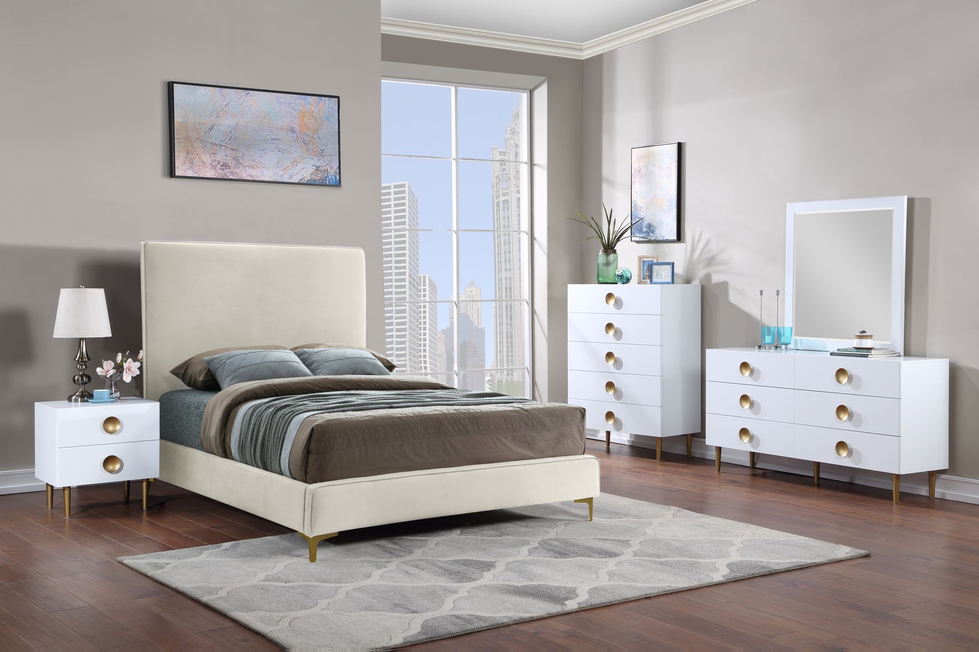 Zayne 5-Drawer Wood Chest with Brushed Gold Metal Legs & Handle