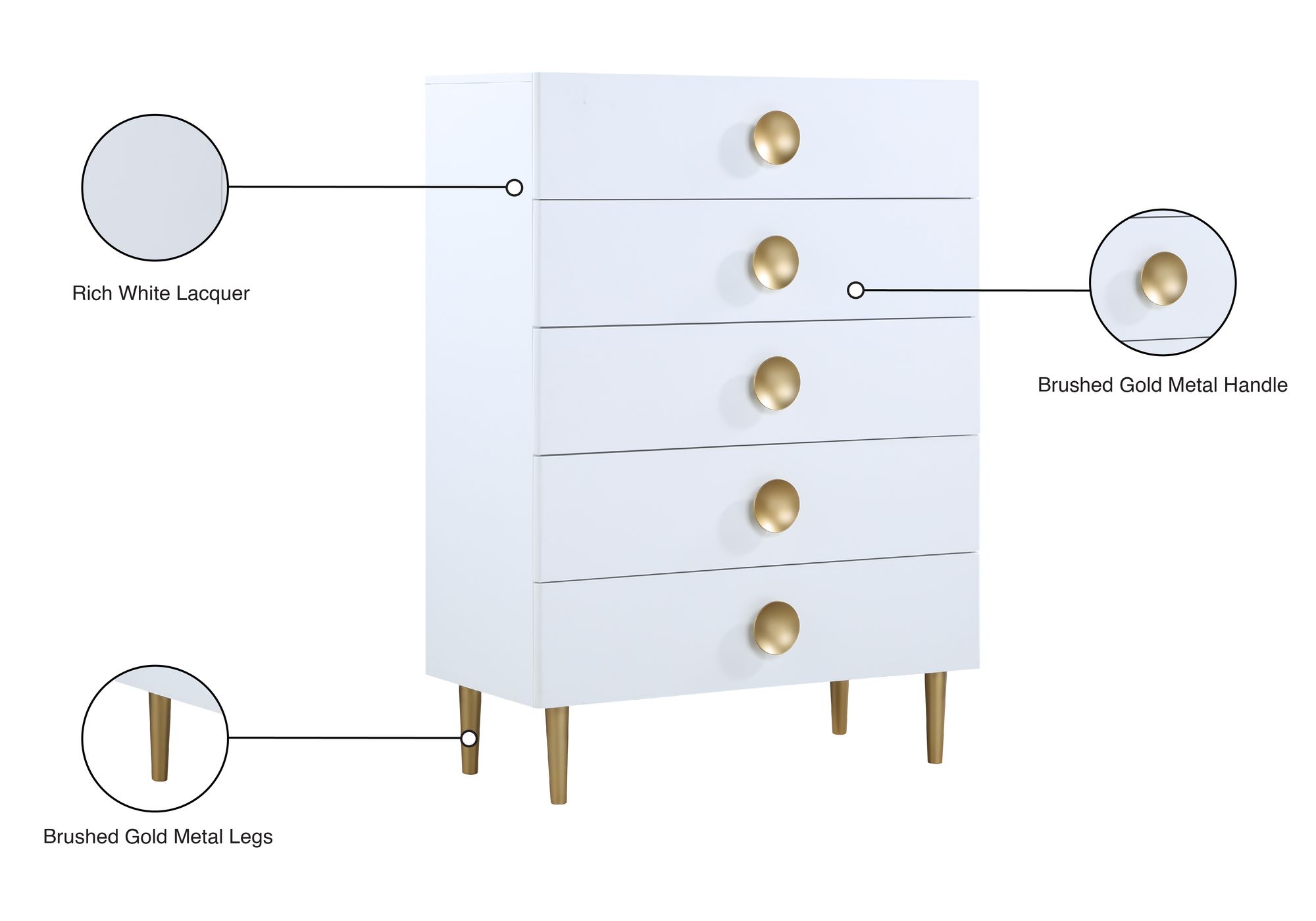 Zayne 5-Drawer Wood Chest with Brushed Gold Metal Legs & Handle