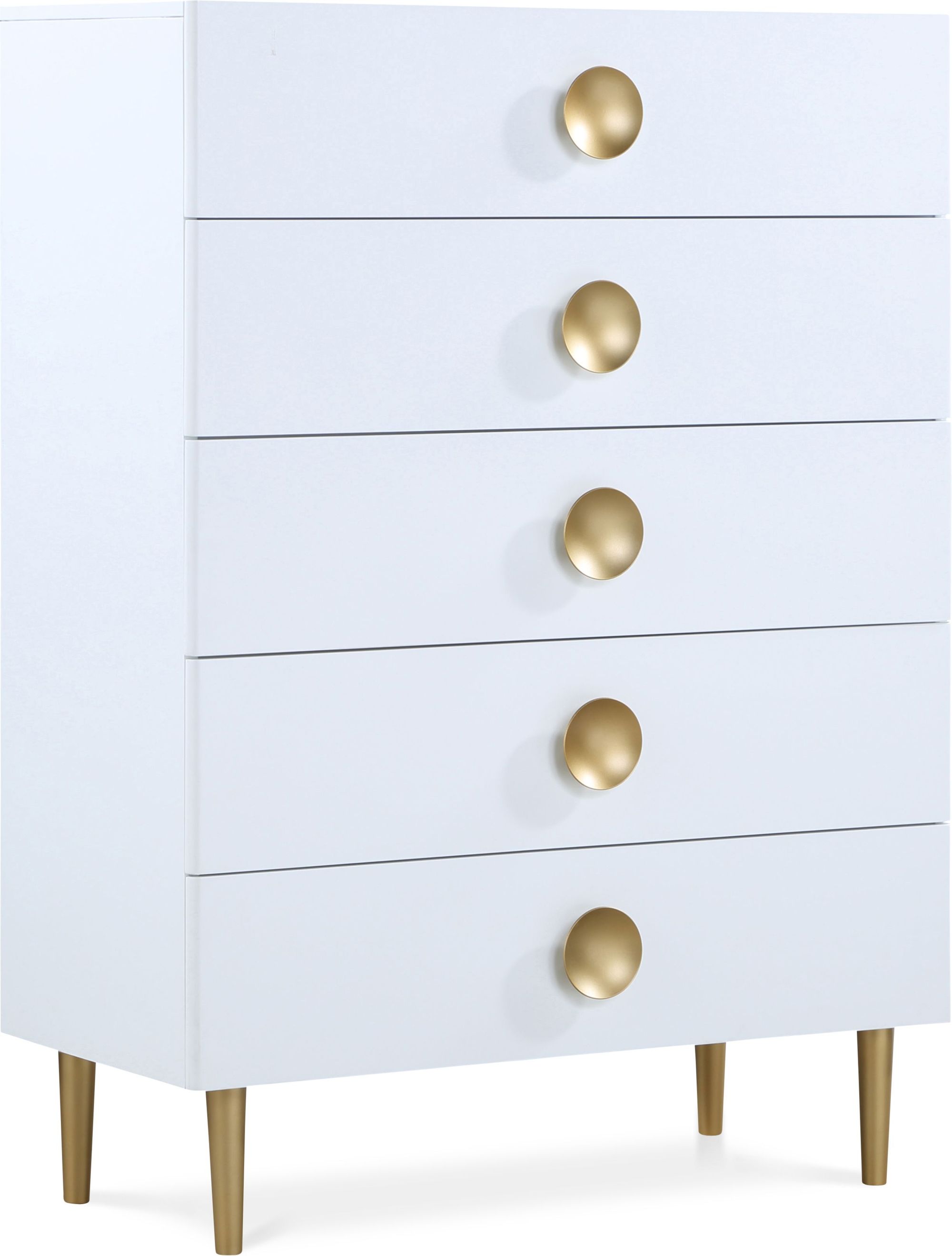 Zayne 5-Drawer Wood Chest with Brushed Gold Metal Legs & Handle