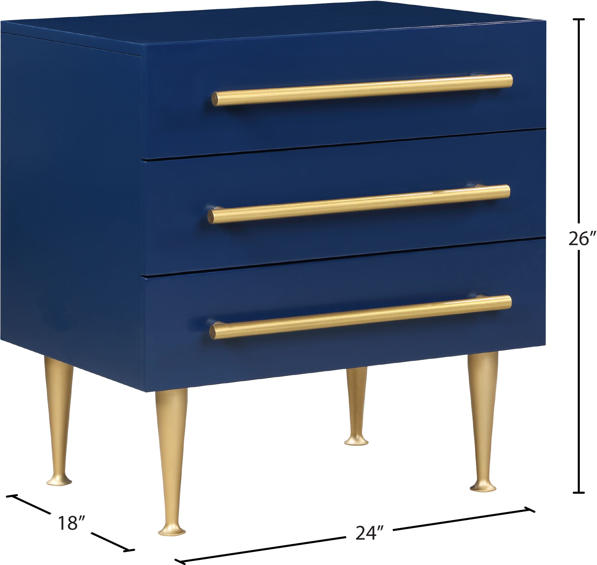 Marisol 3-Drawer Wood Veneer Nightstand with Brushed Gold Metal Legs & Handle