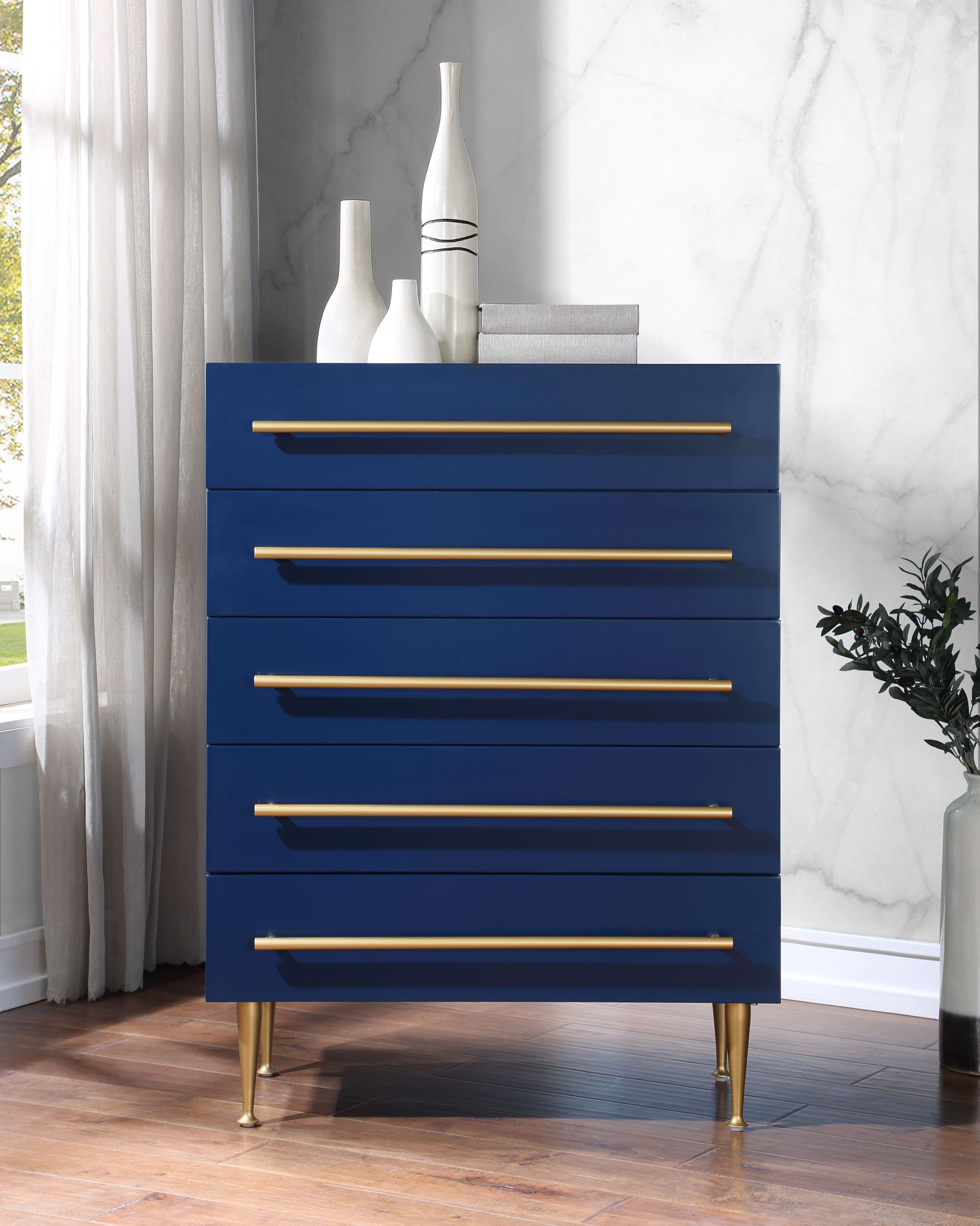 Marisol 5-Drawer Wood Veneer Chest with Brushed Gold Metal Legs & Handle