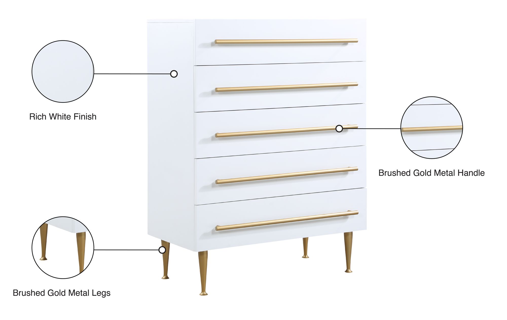 Marisol 5-Drawer Wood Veneer Chest with Brushed Gold Metal Legs & Handle