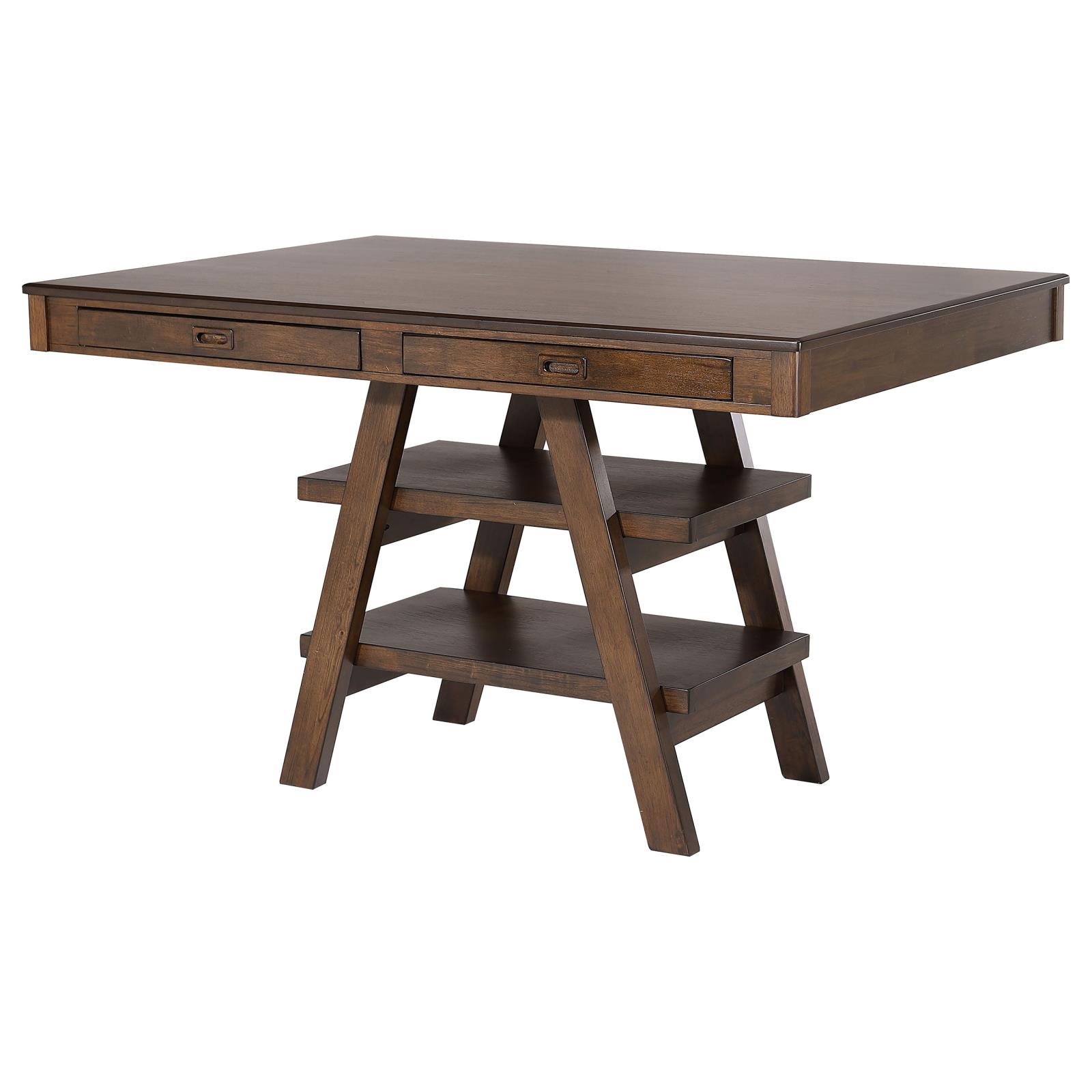 Dewey Rectangular Wood Veneer Counter Height Table with Drawers & Open Shelves