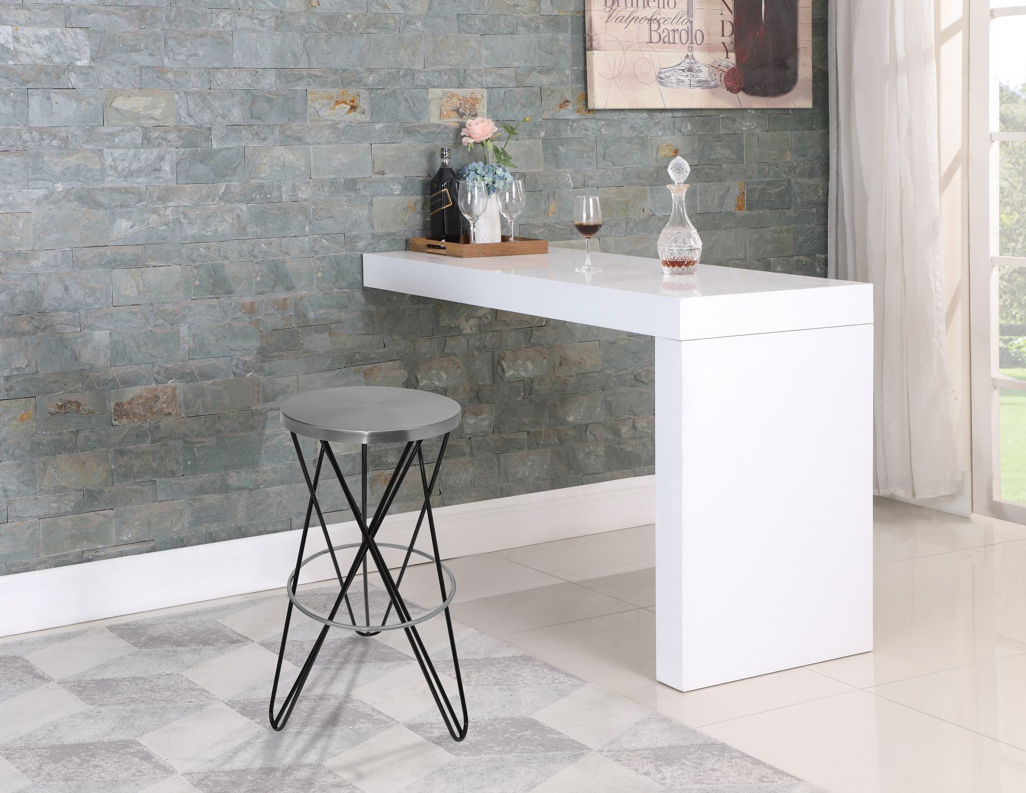 Mercury Bar Stool with Brushed Silver Seat & Black Base