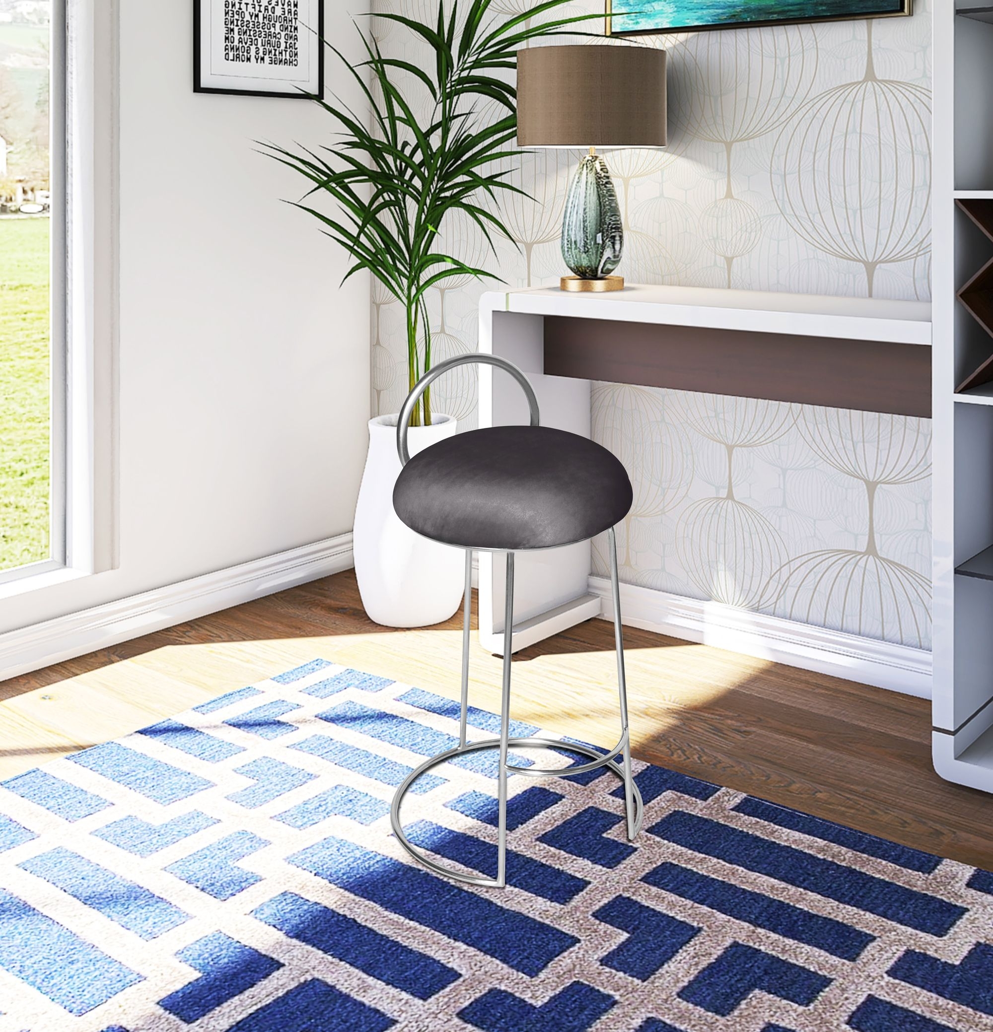 Ring Velvet Counter Stool with Brushed Chrome Metal Frame
