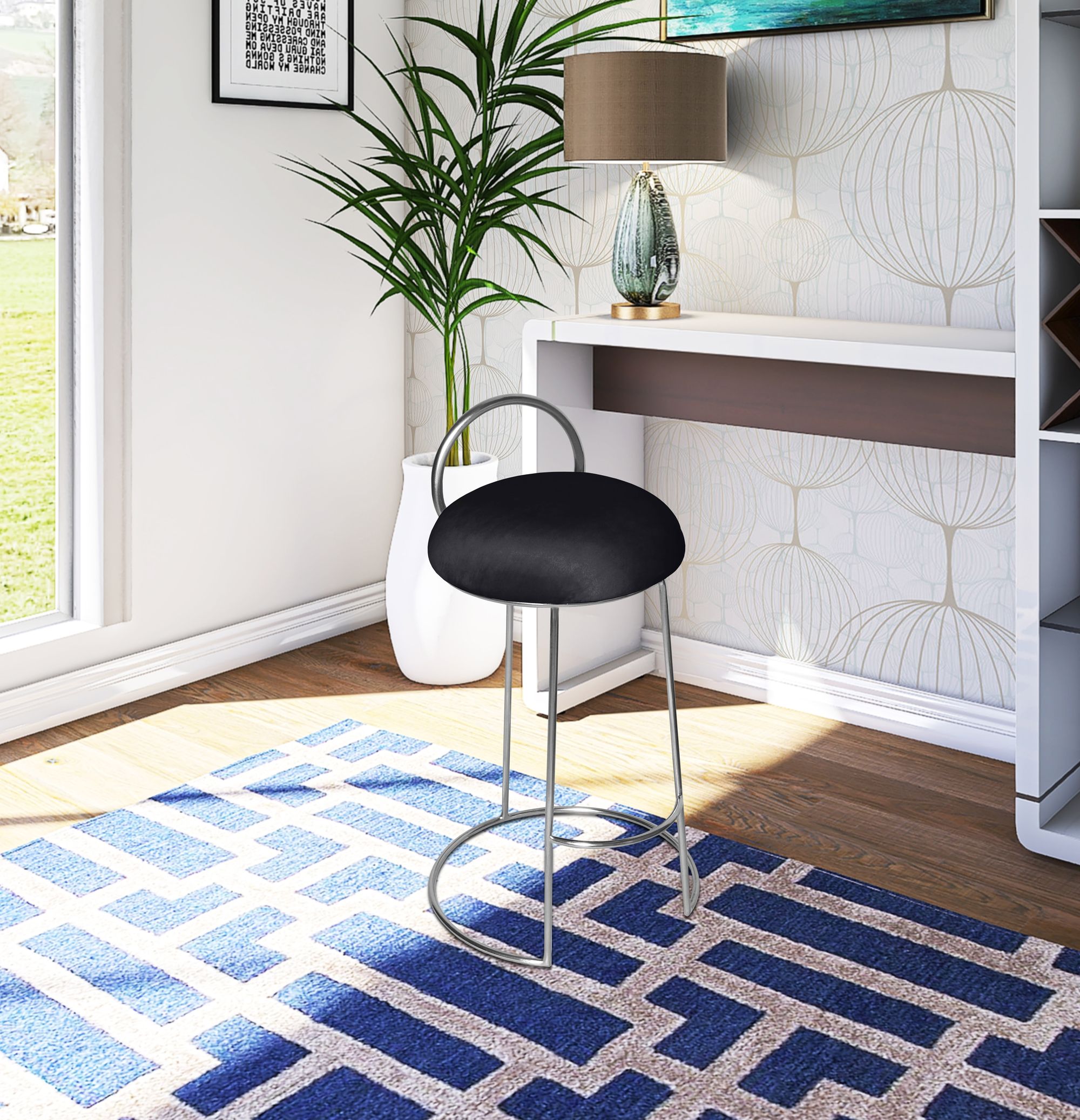 Ring Velvet Counter Stool with Brushed Chrome Metal Frame