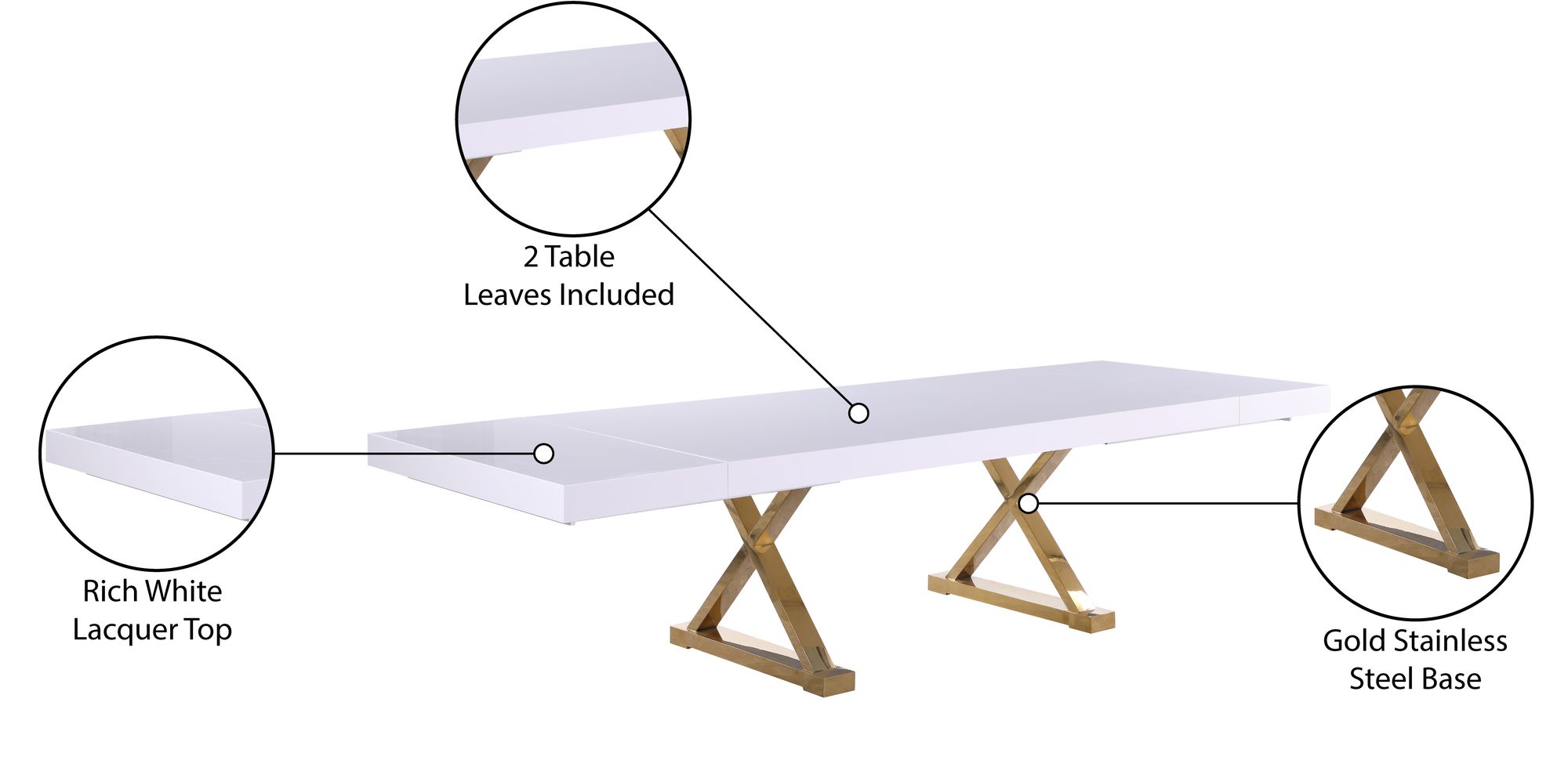 Excel Extendable Rectangular Lacquer Dining Table with Gold Stainless Steel Base