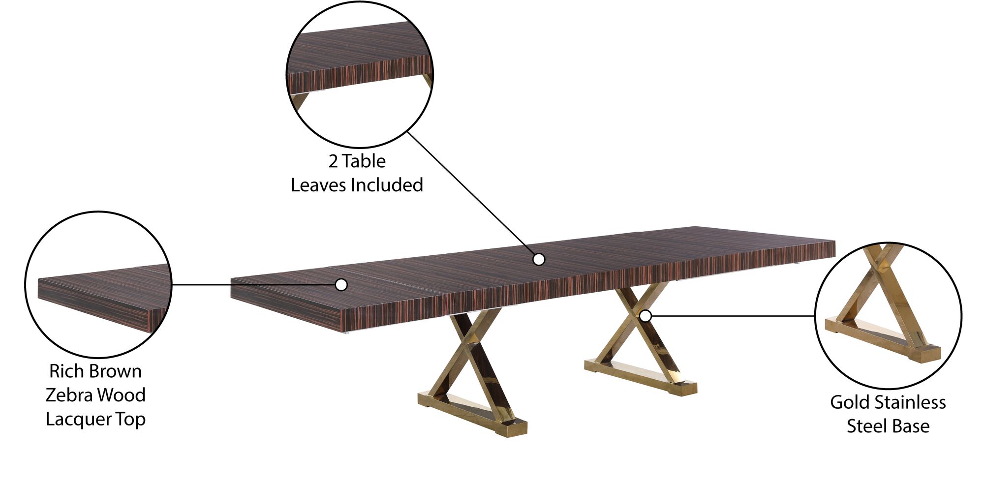Excel Extendable Rectangular Lacquer Dining Table with Gold Stainless Steel Base